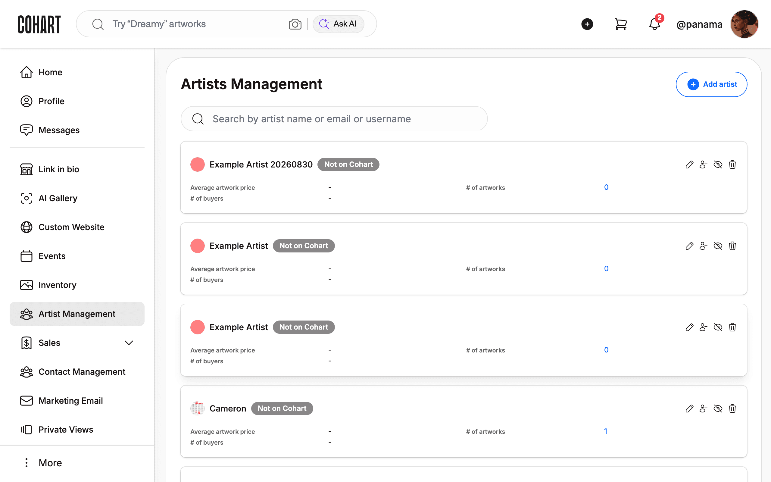 Review the Artists Management list of your roster