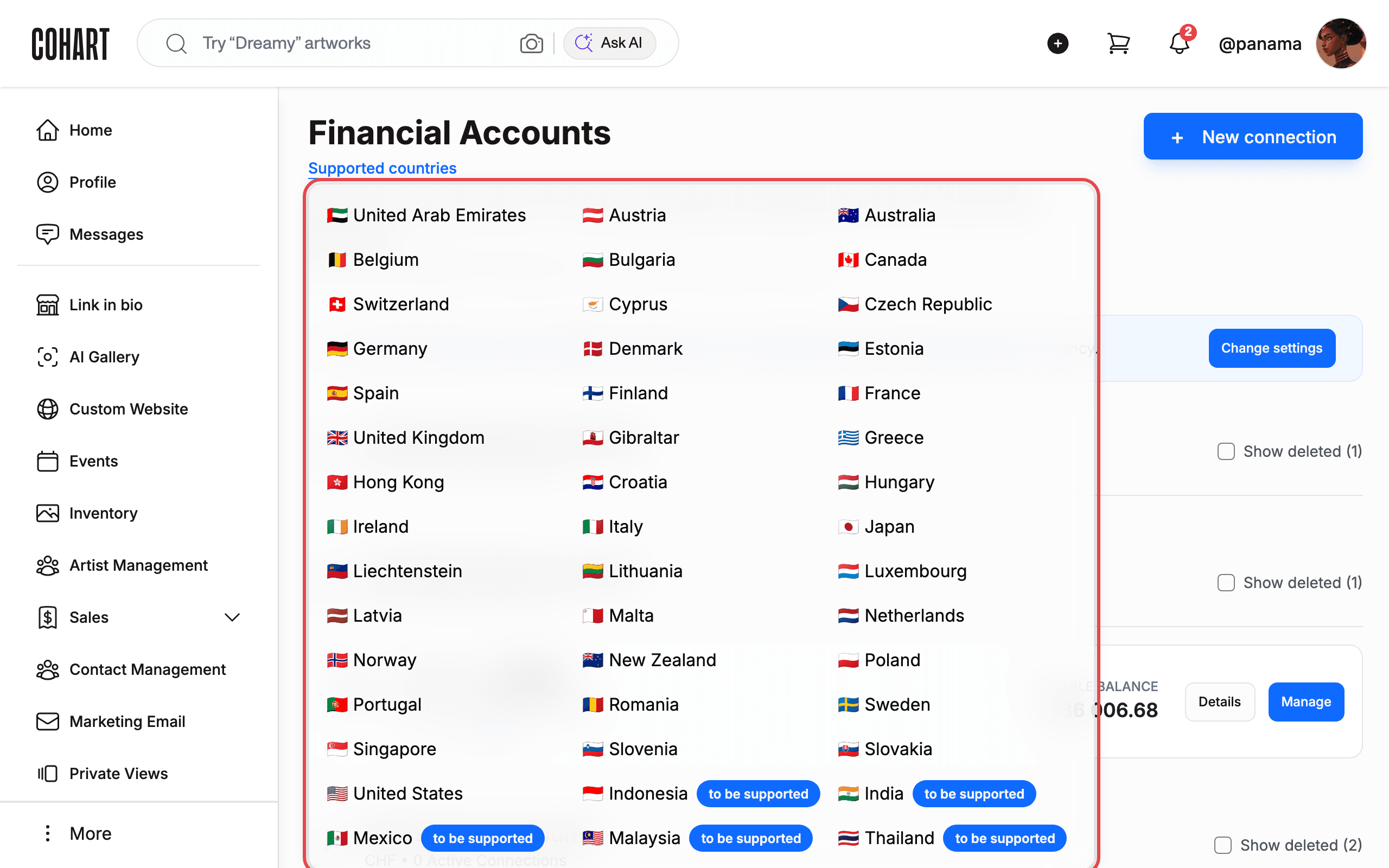 Supported countries panel