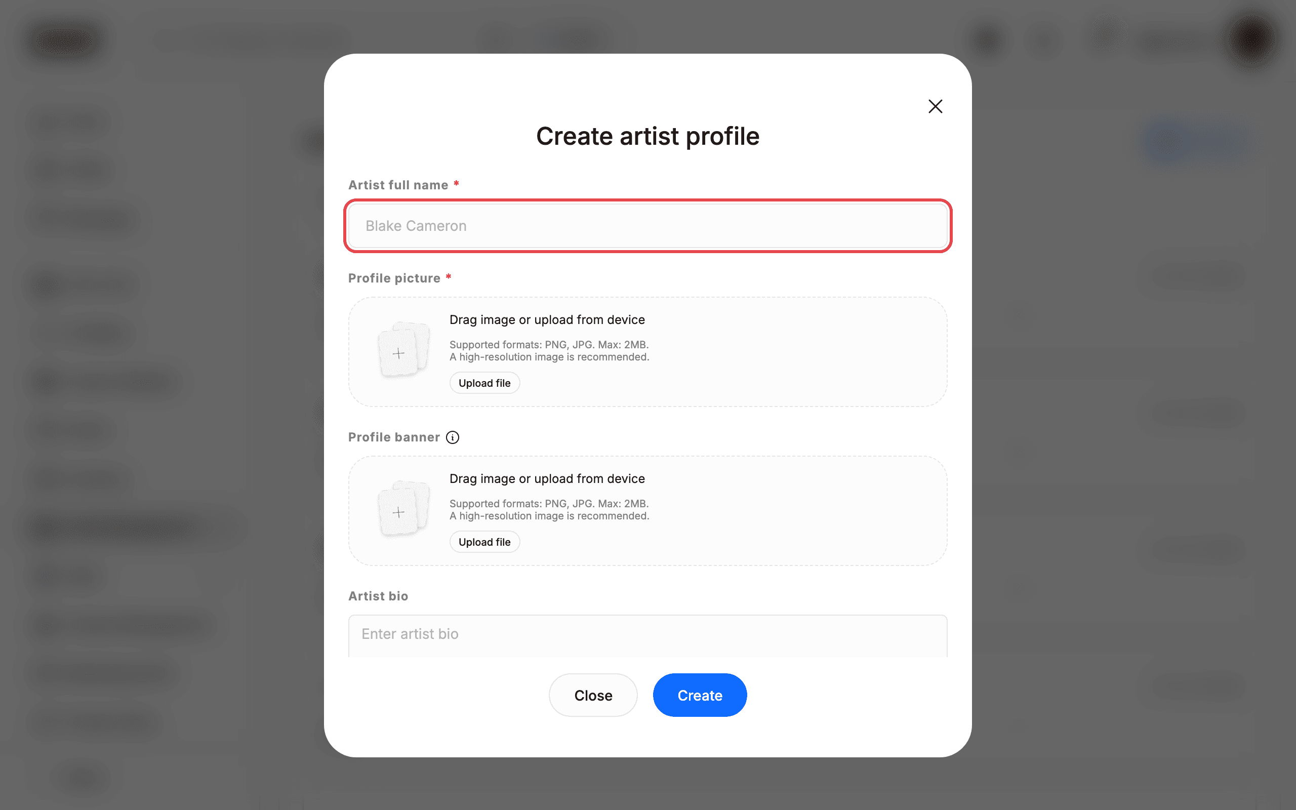 Click "Add artist" to open the "Create artist profile" form