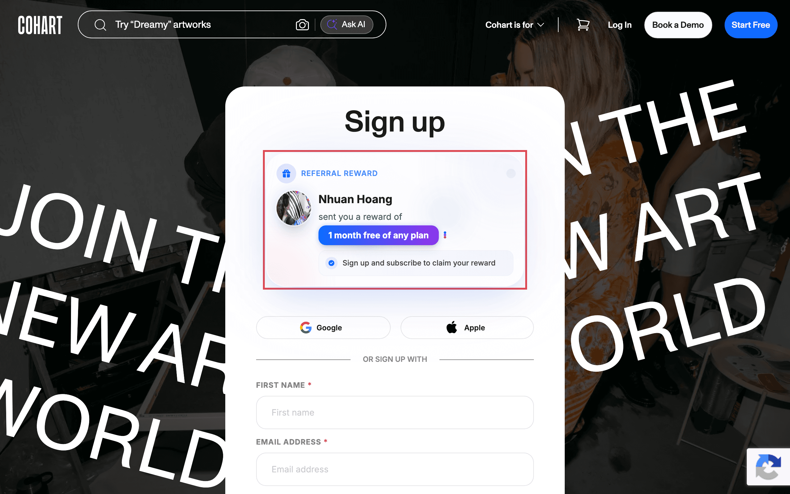 The sign-up page with the referral reward banner