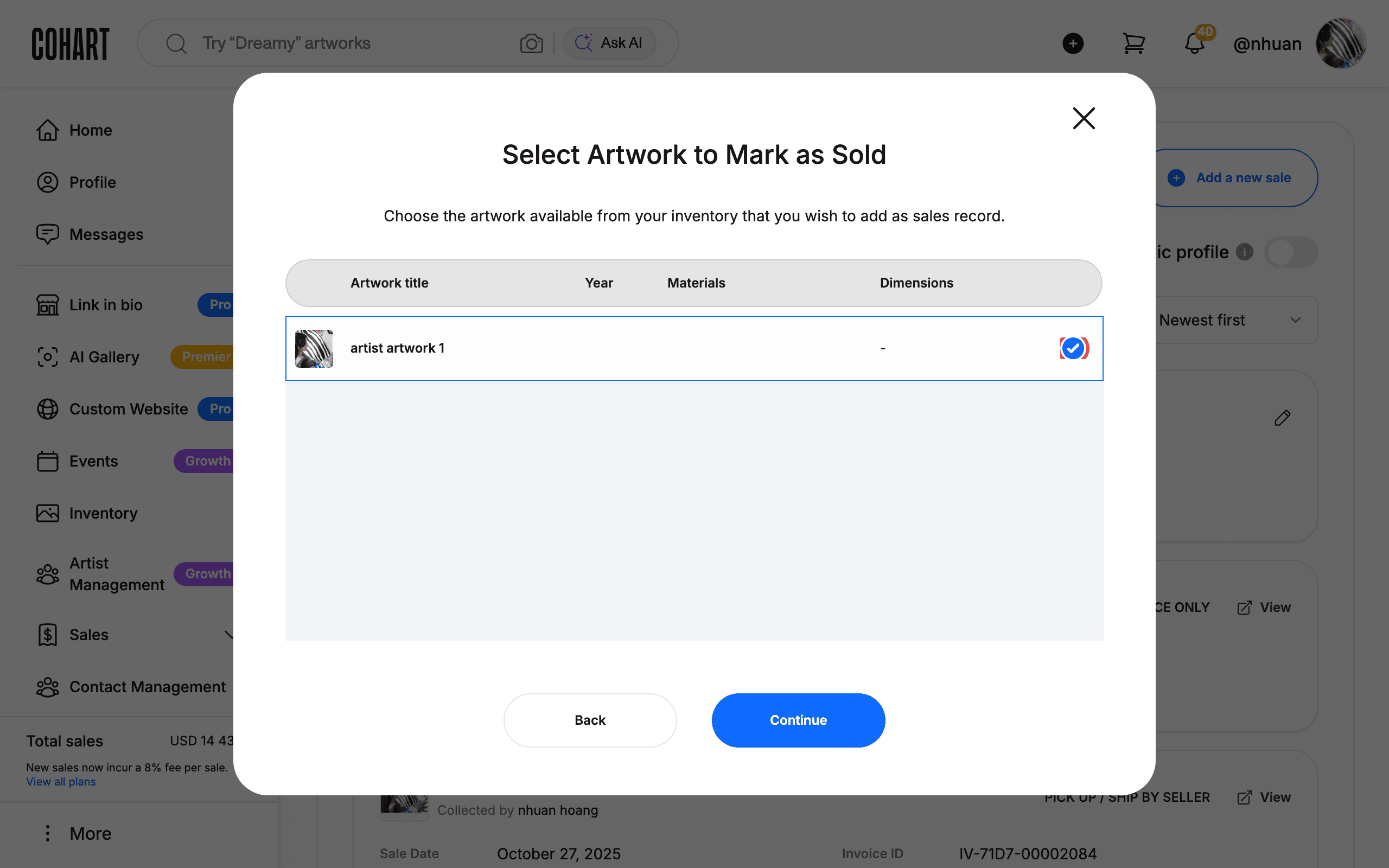 Select the artwork you sold