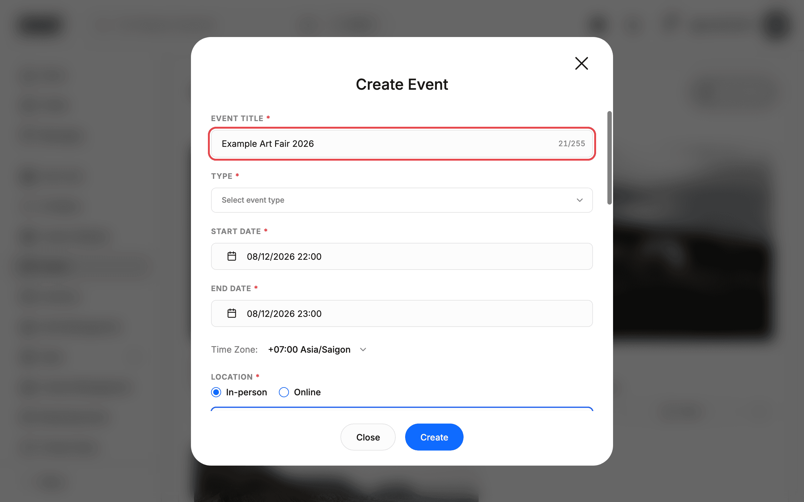 Create event form with sample data
