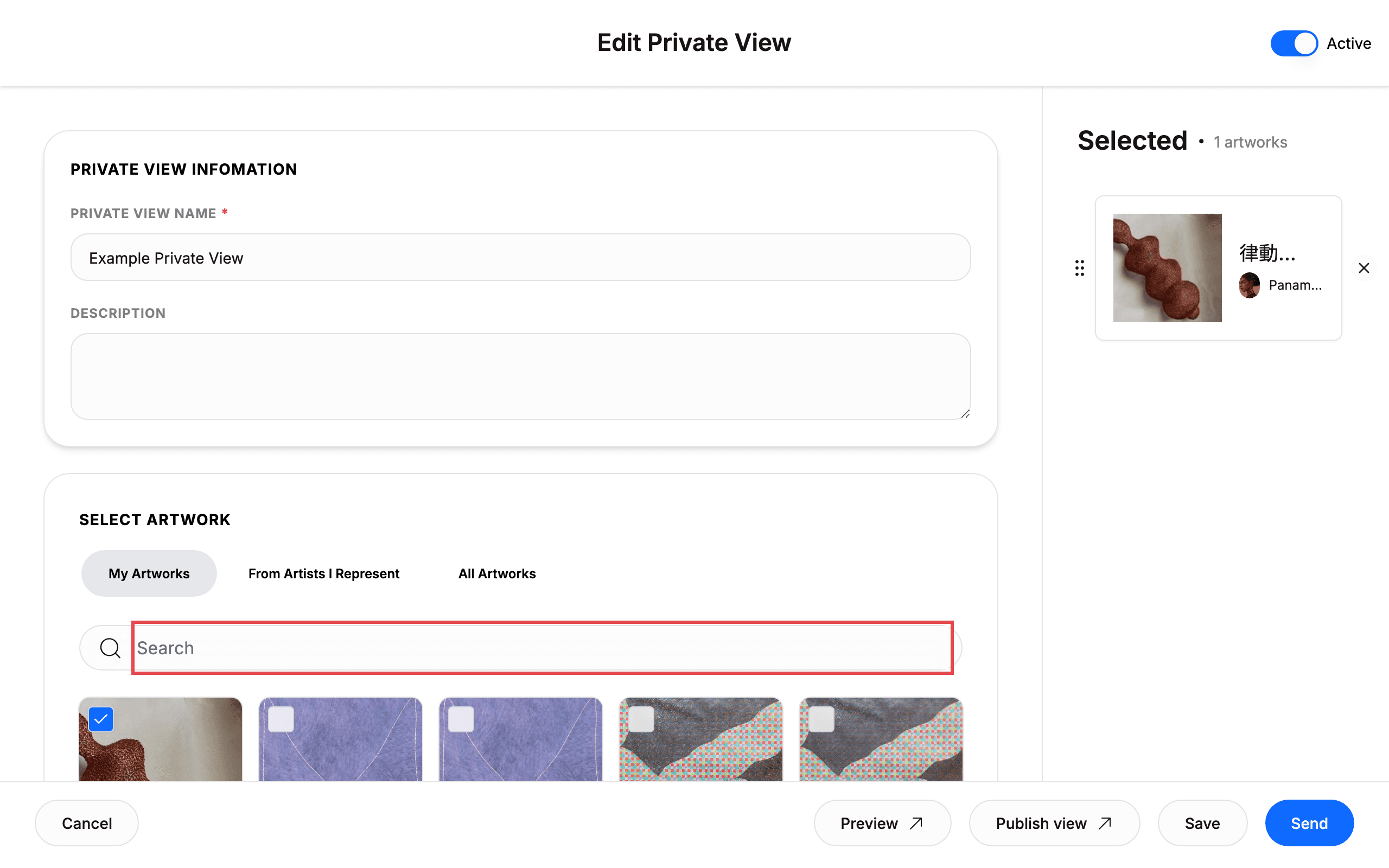 Choose artworks with tabs and Search