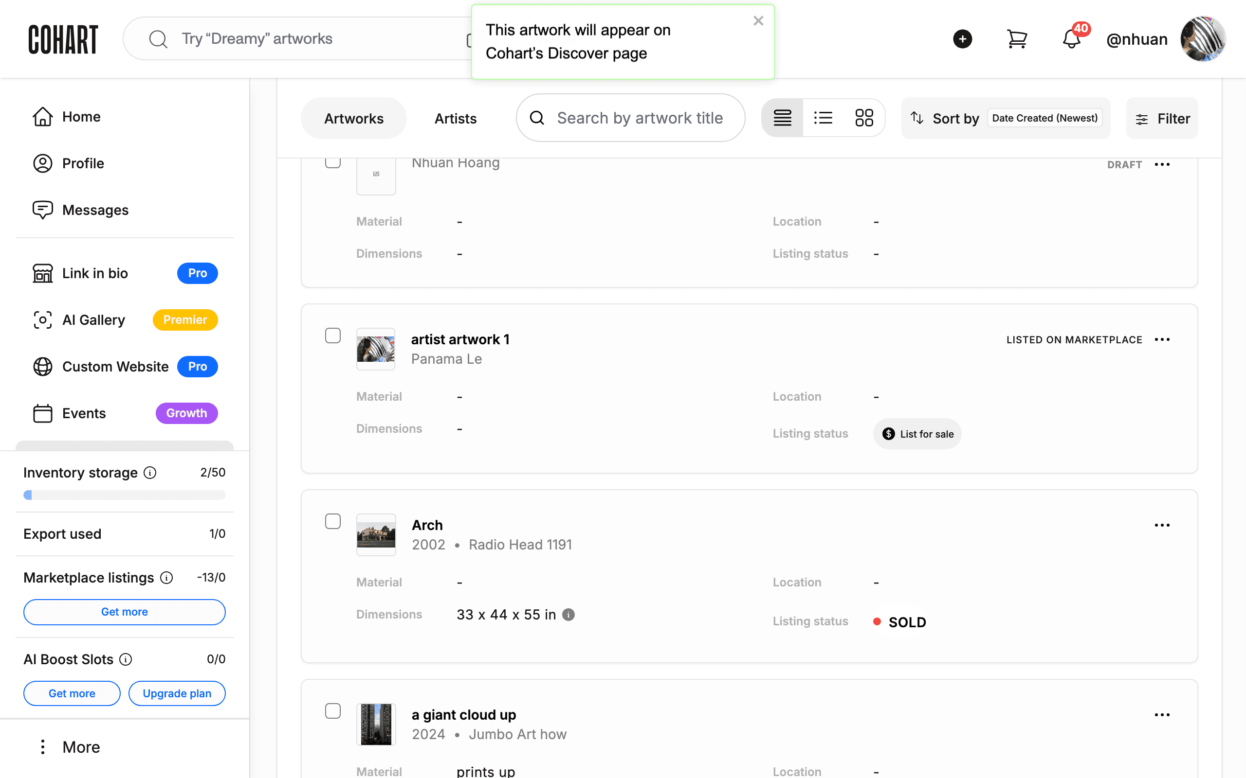 Confirmation message after clicking List on marketplace