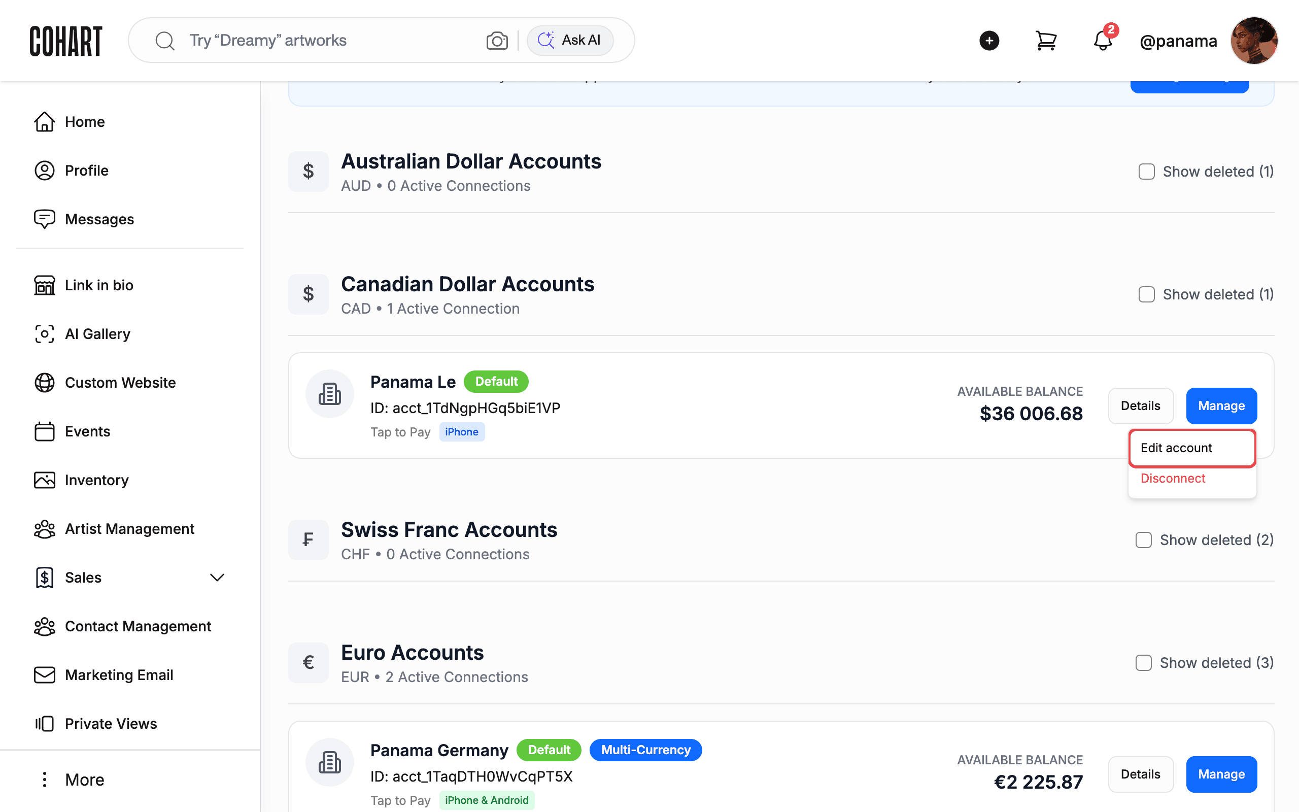 Manage menu with Edit account and Disconnect