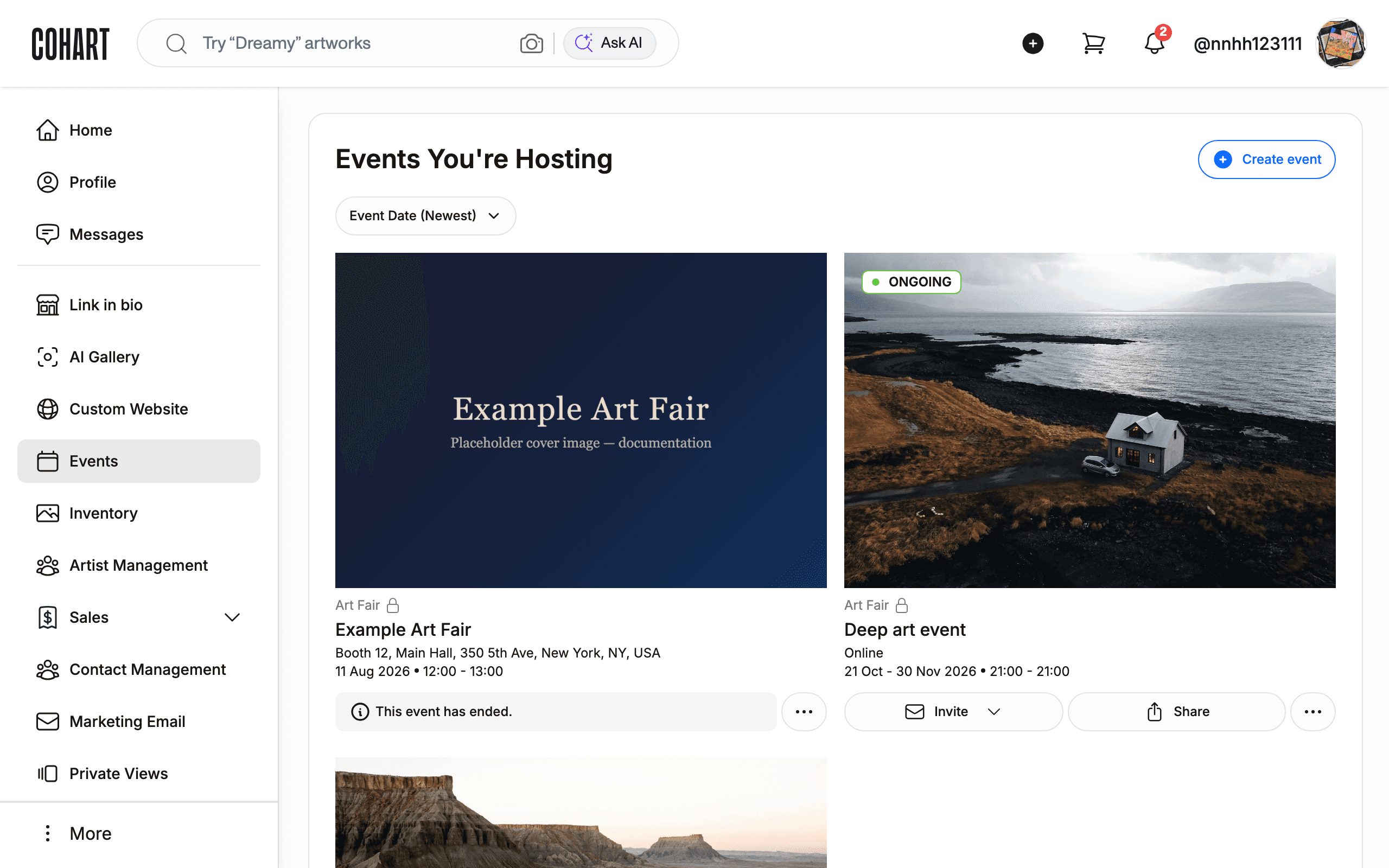 Event listing with event cards