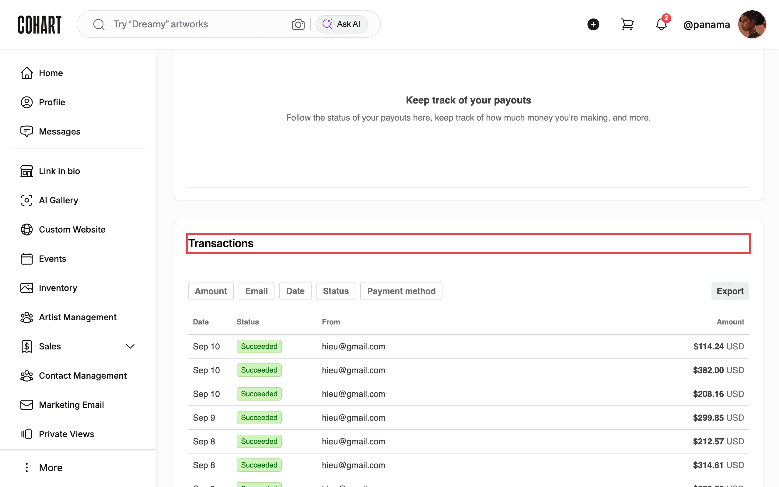 Account detail with Transactions table