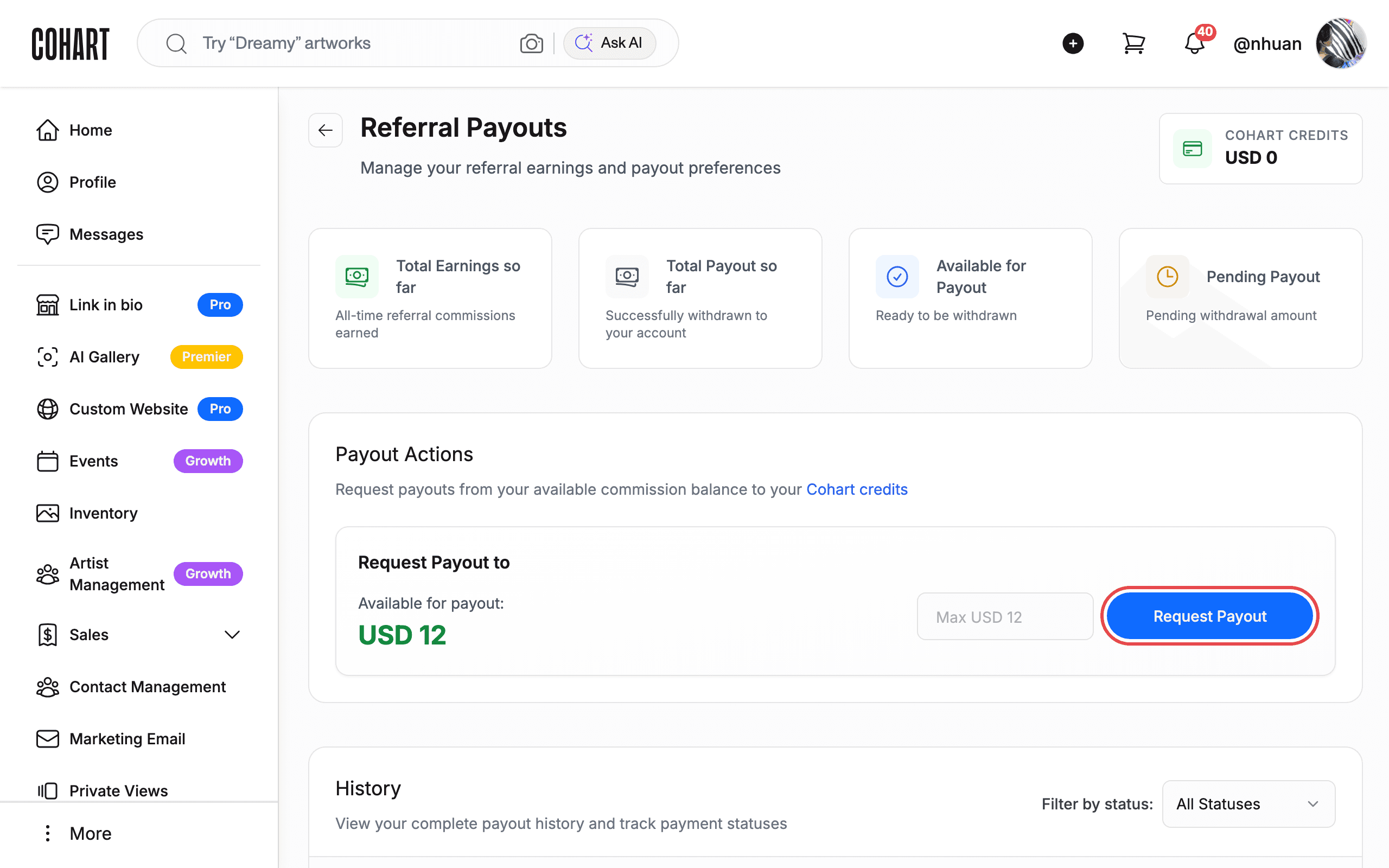 Request a payout of your commission