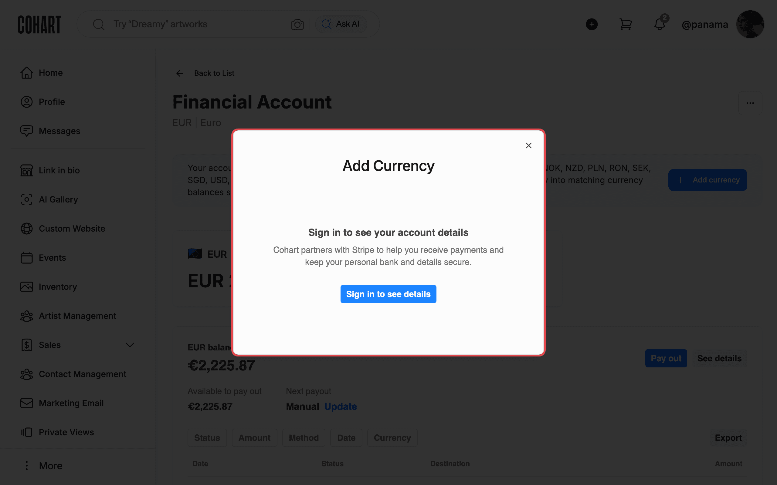 Add Currency dialog hosted by Stripe