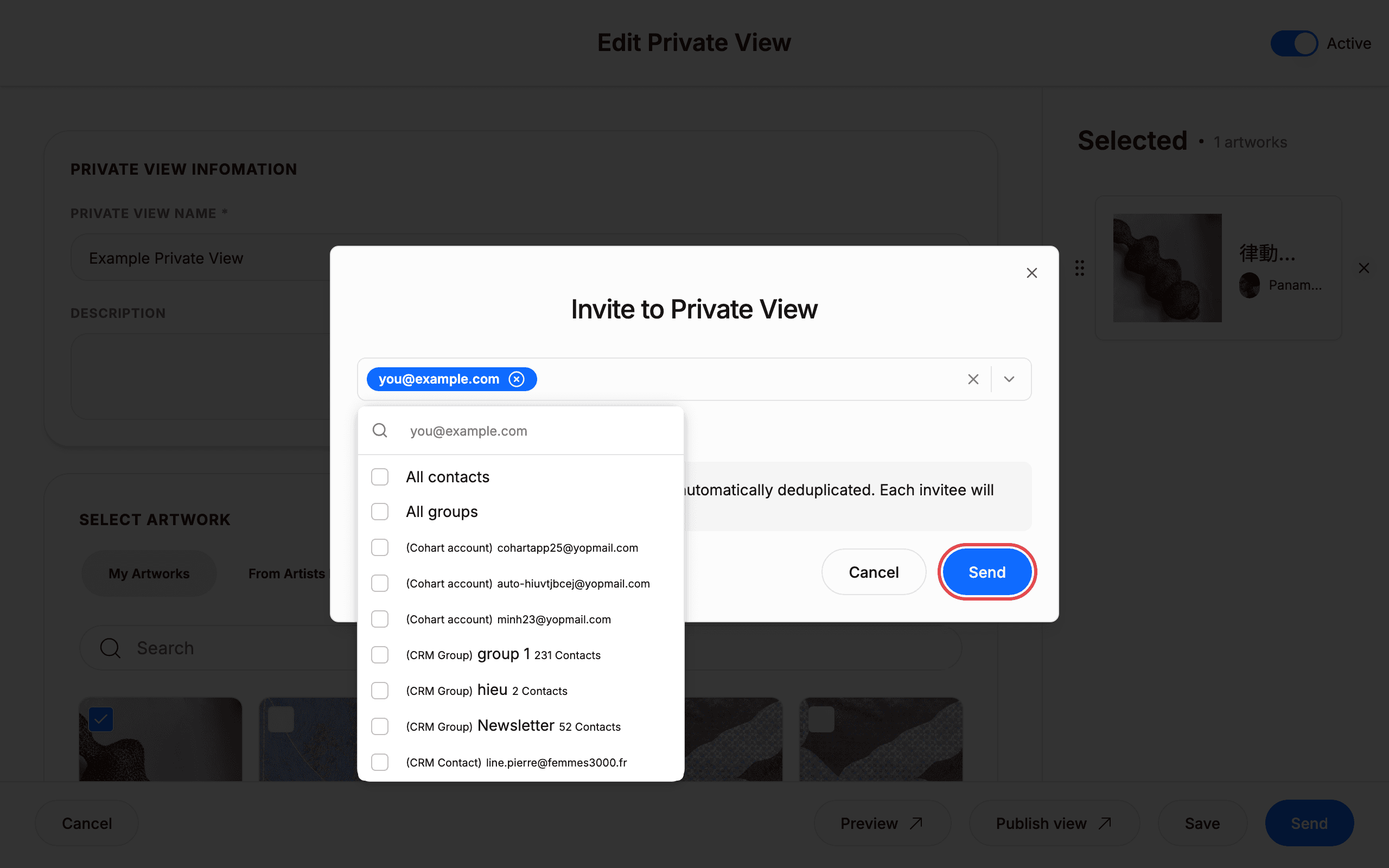 Add an email invitee then Send