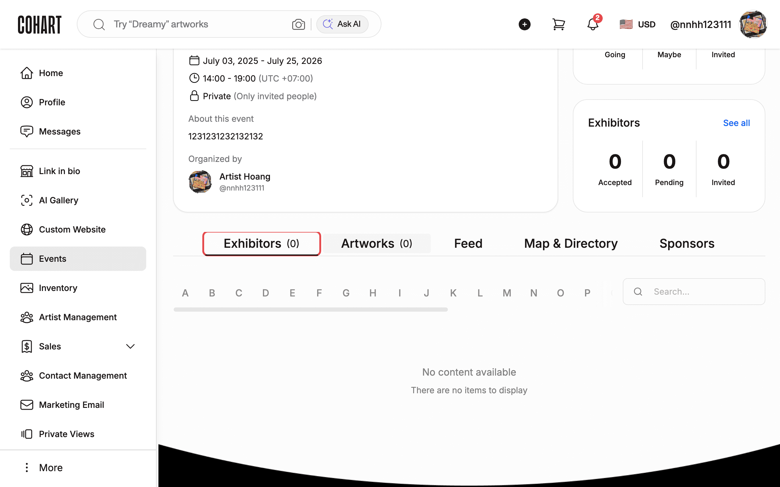 Event management tabs