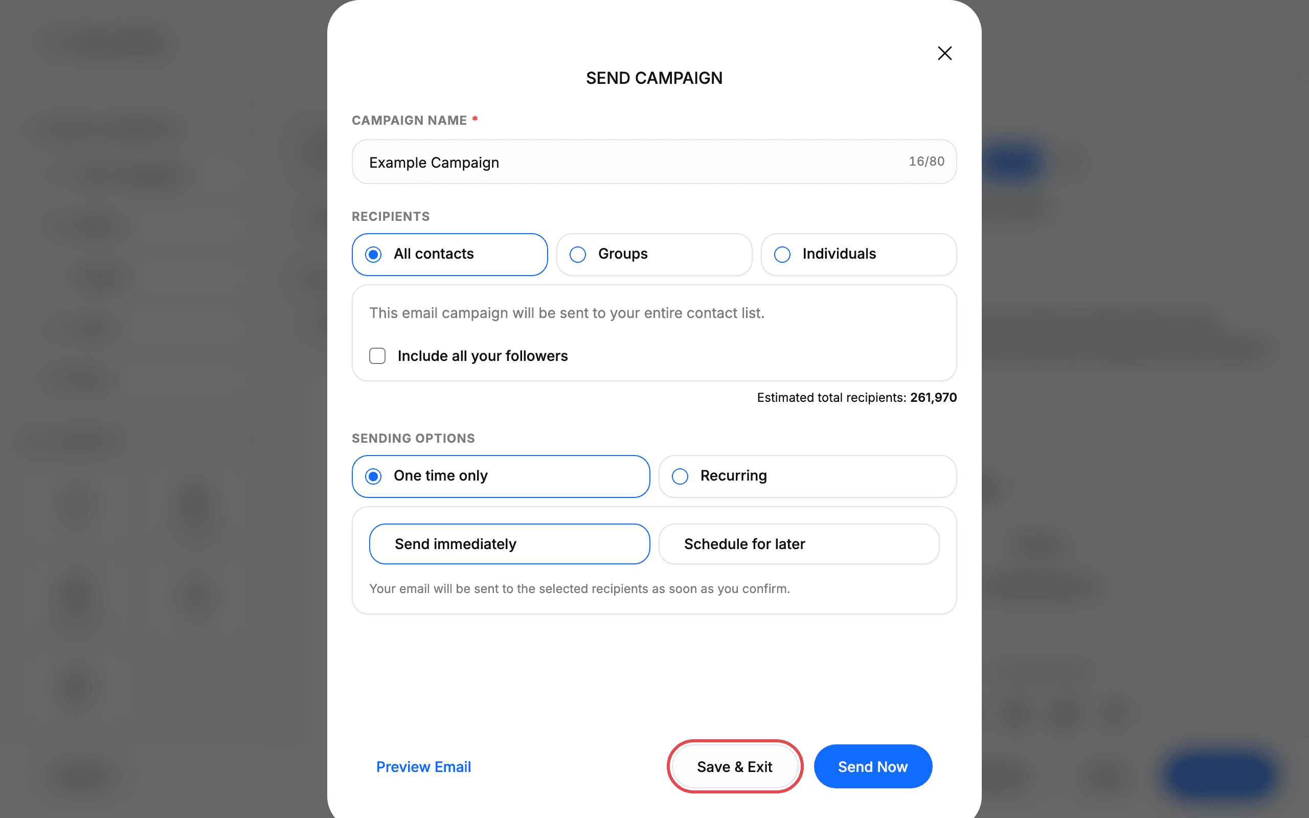 Click Save & Exit to keep the campaign as a draft