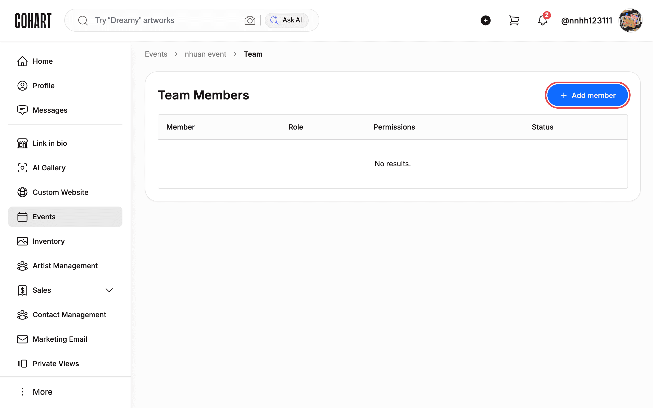 Team page with Add member button