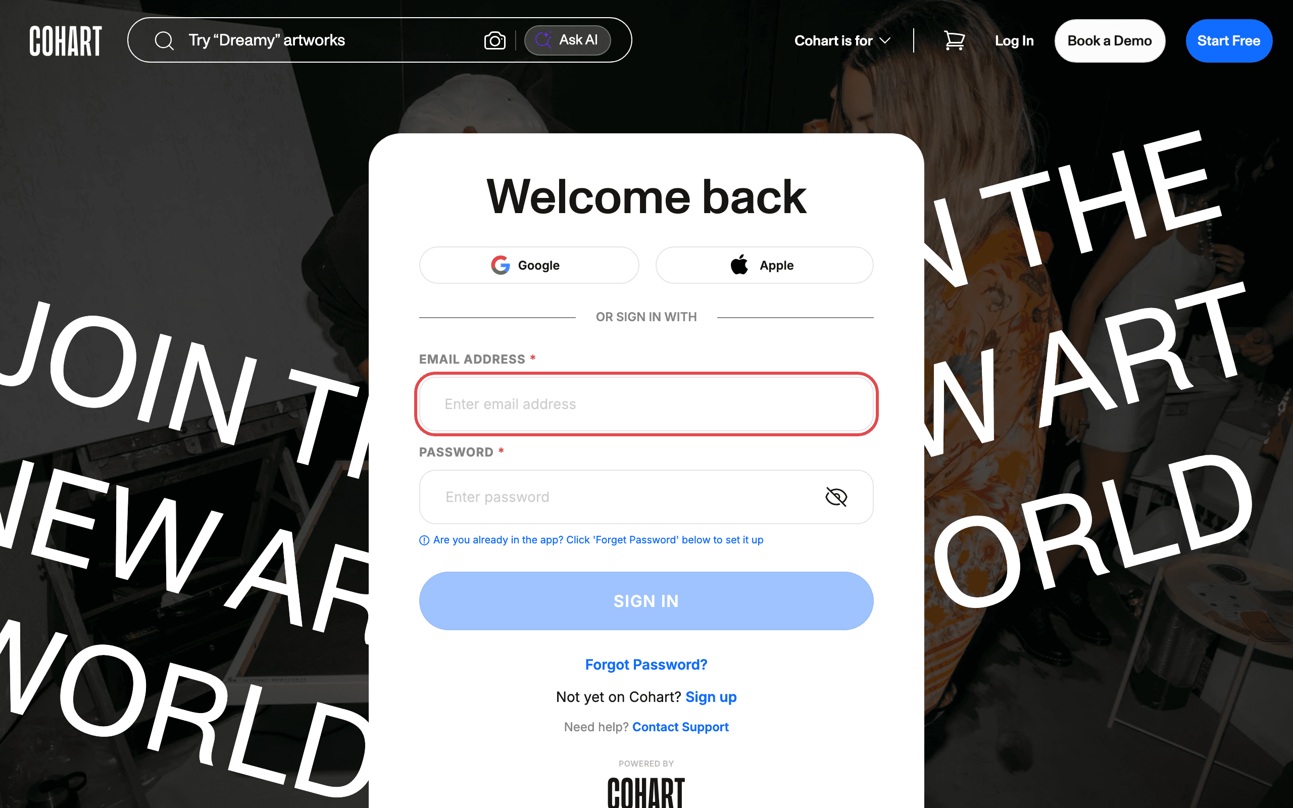 Open the Cohart sign-in page
