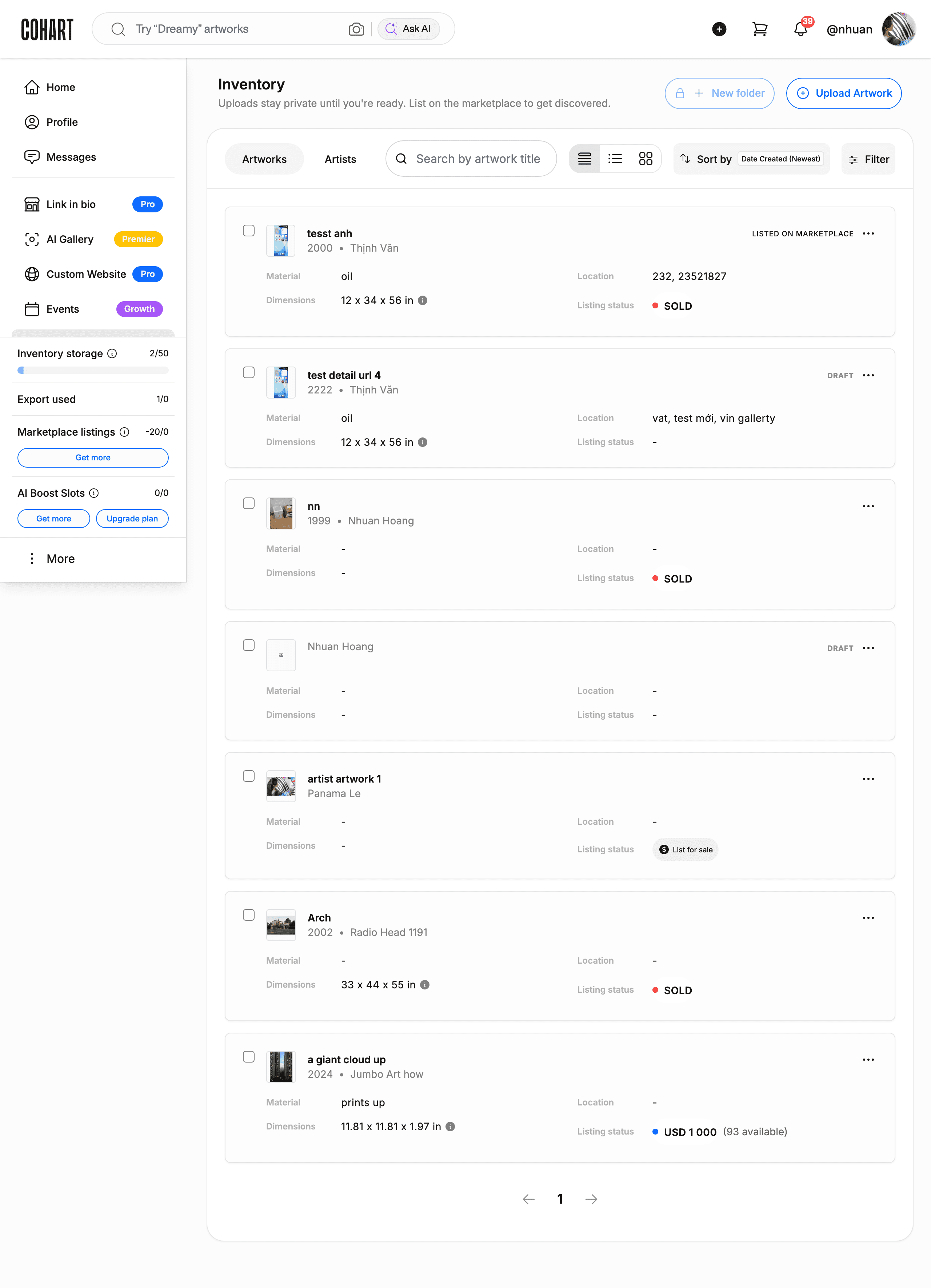 Artist dashboard with the Manage Plan link highlighted