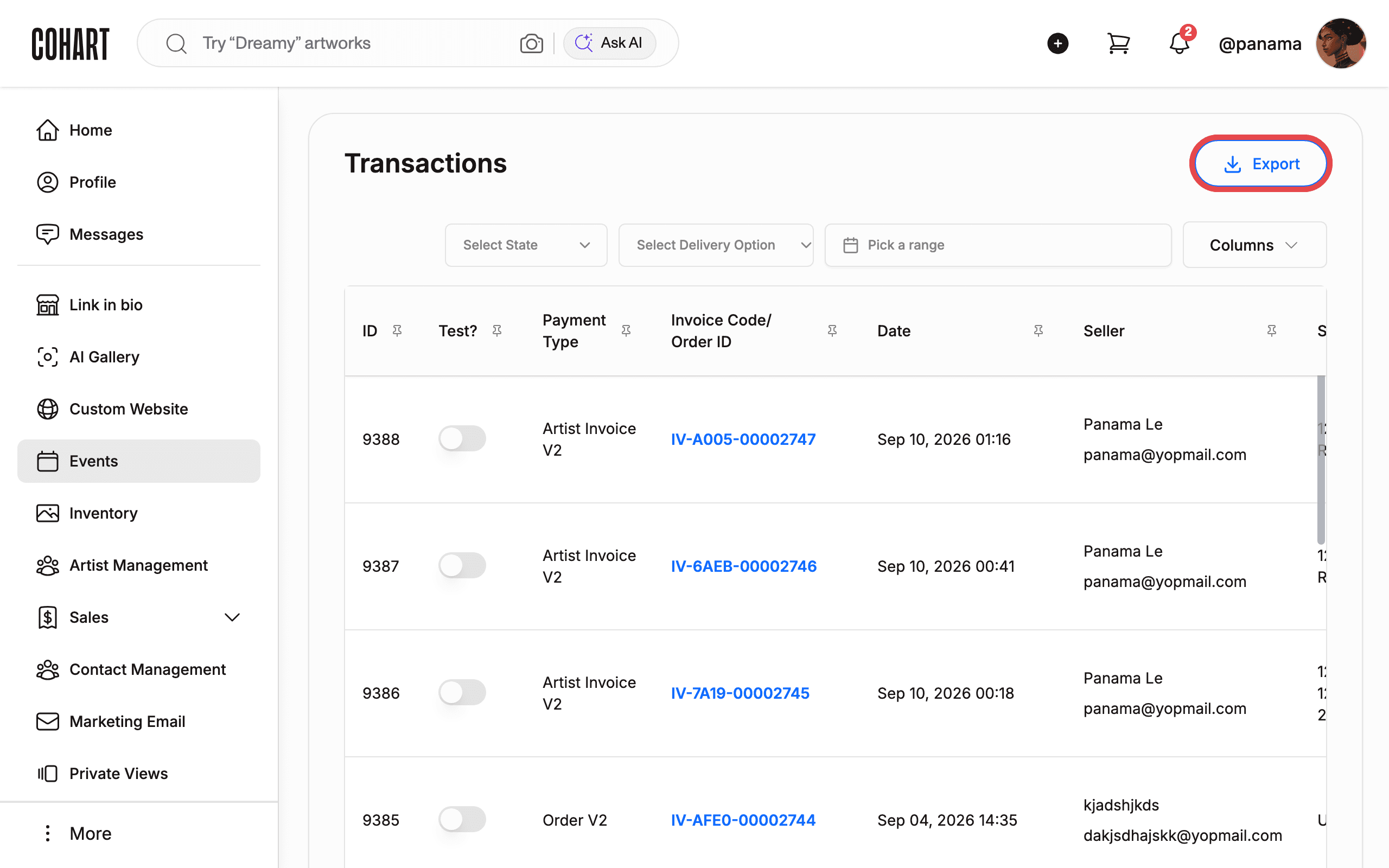 Export the transaction list as CSV