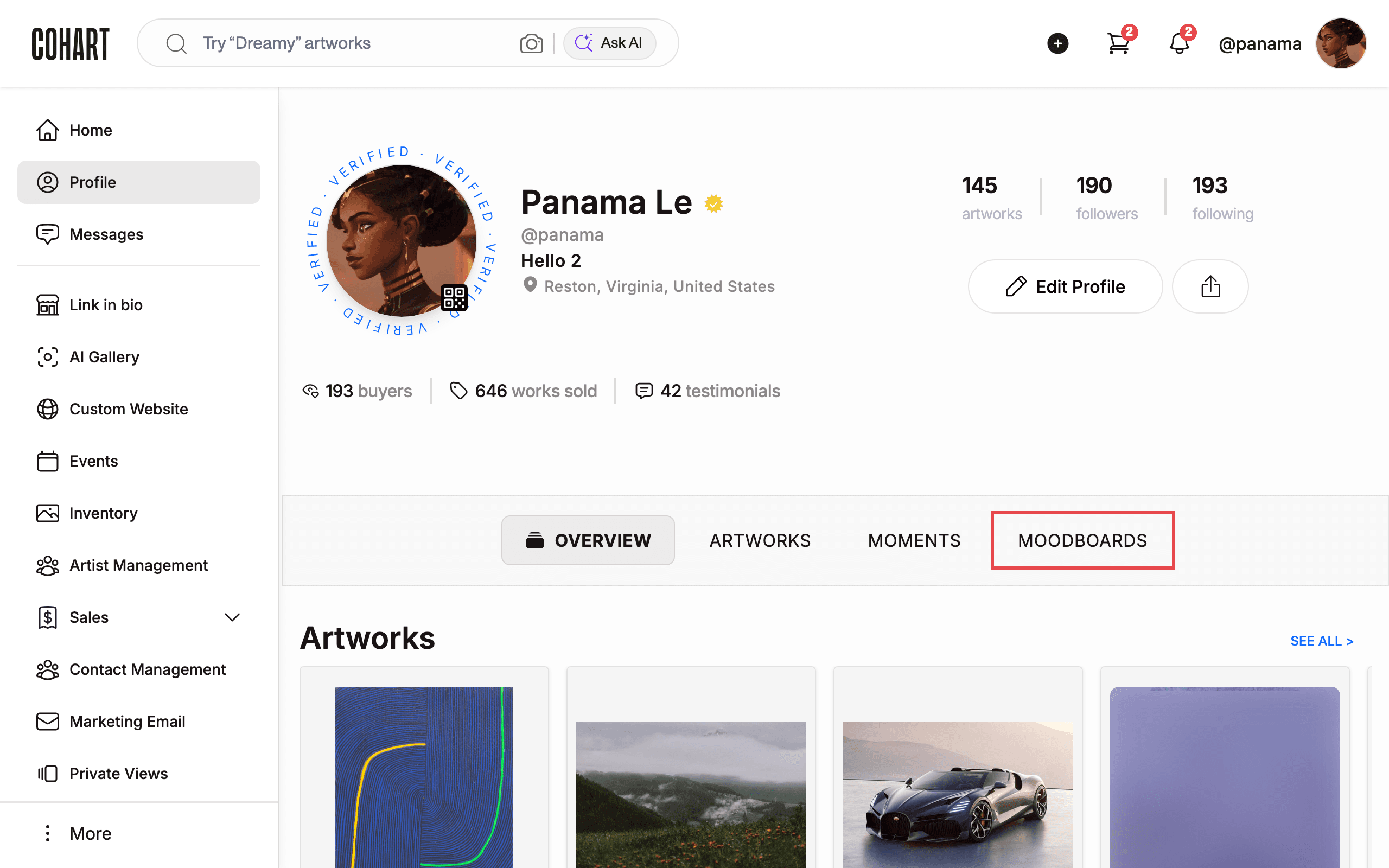 Select the MOODBOARDS tab on your profile