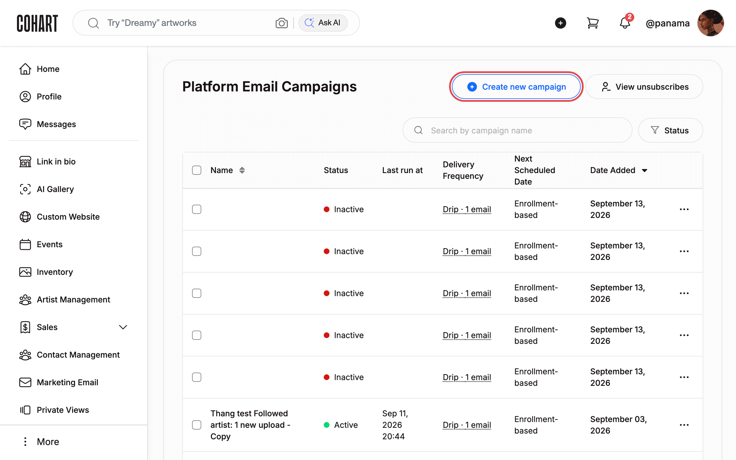 Open Platform Email Campaigns via Master menu