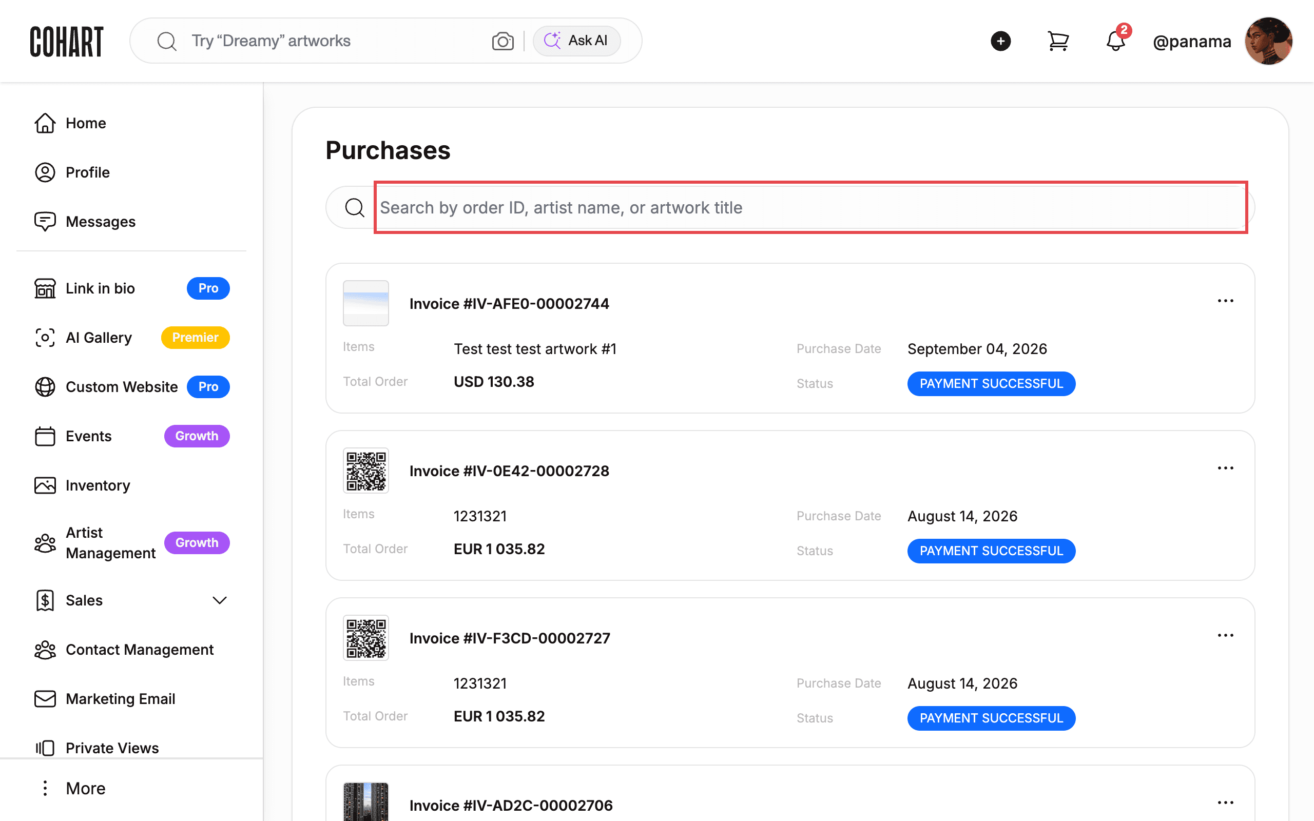 Read your invoice list on the Purchases page