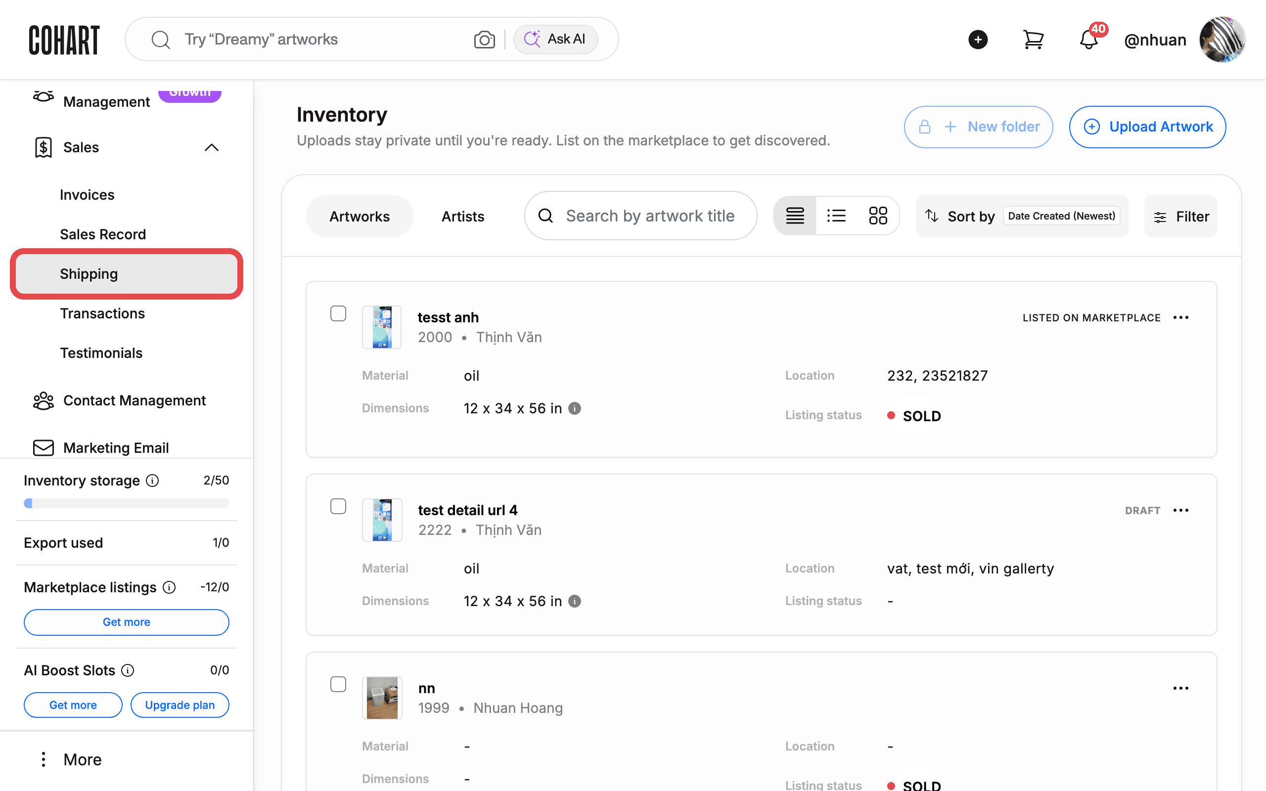 The Sales menu expanded with Shipping highlighted