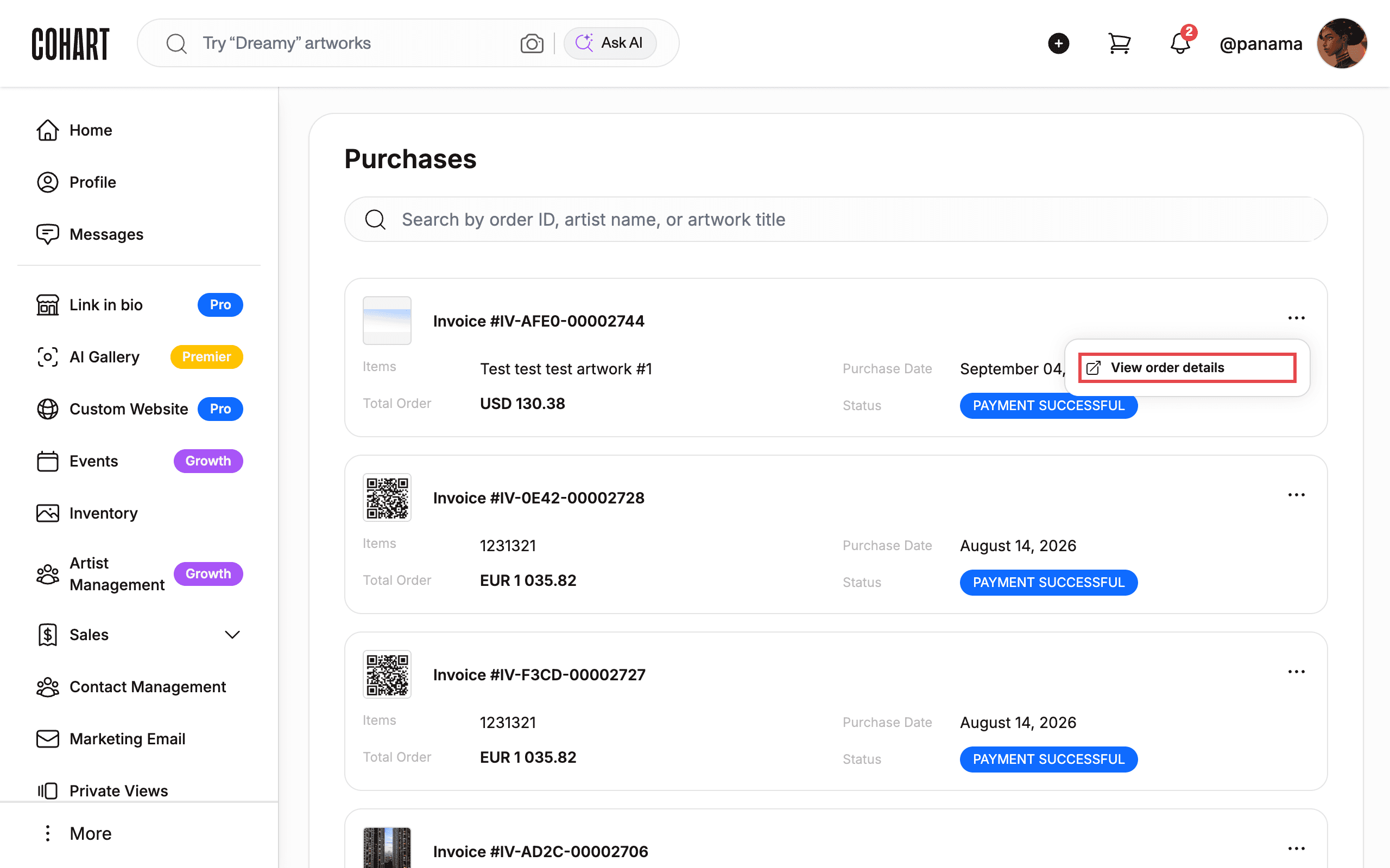 Open the menu on an invoice card