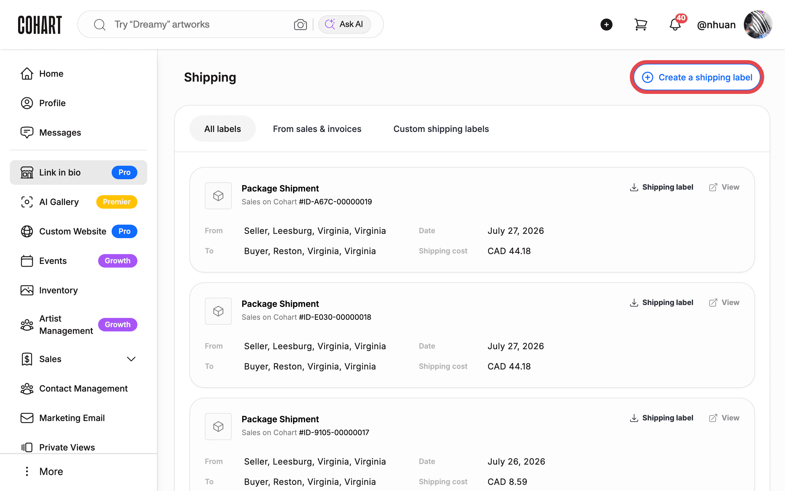 The Shipping page with the Create a shipping label button highlighted
