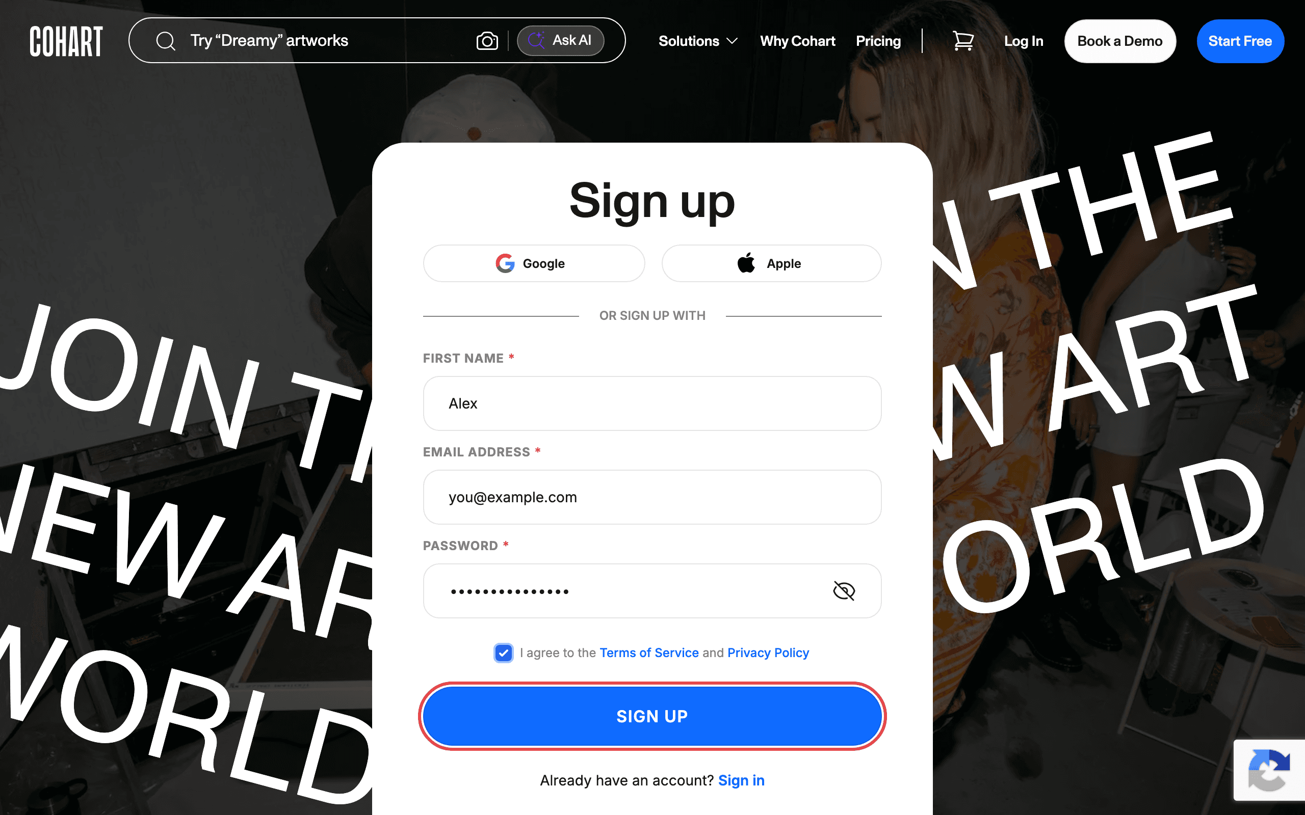 The blue SIGN UP button highlighted at the bottom of the form