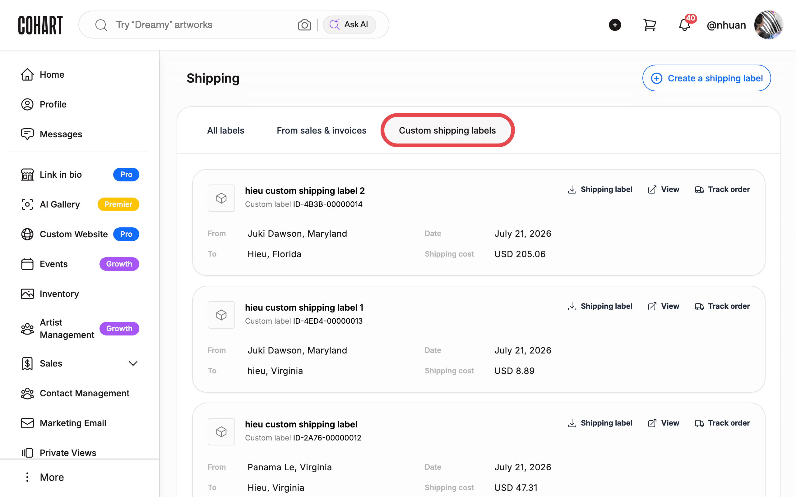 The Custom shipping labels tab showing label cards with Track order links