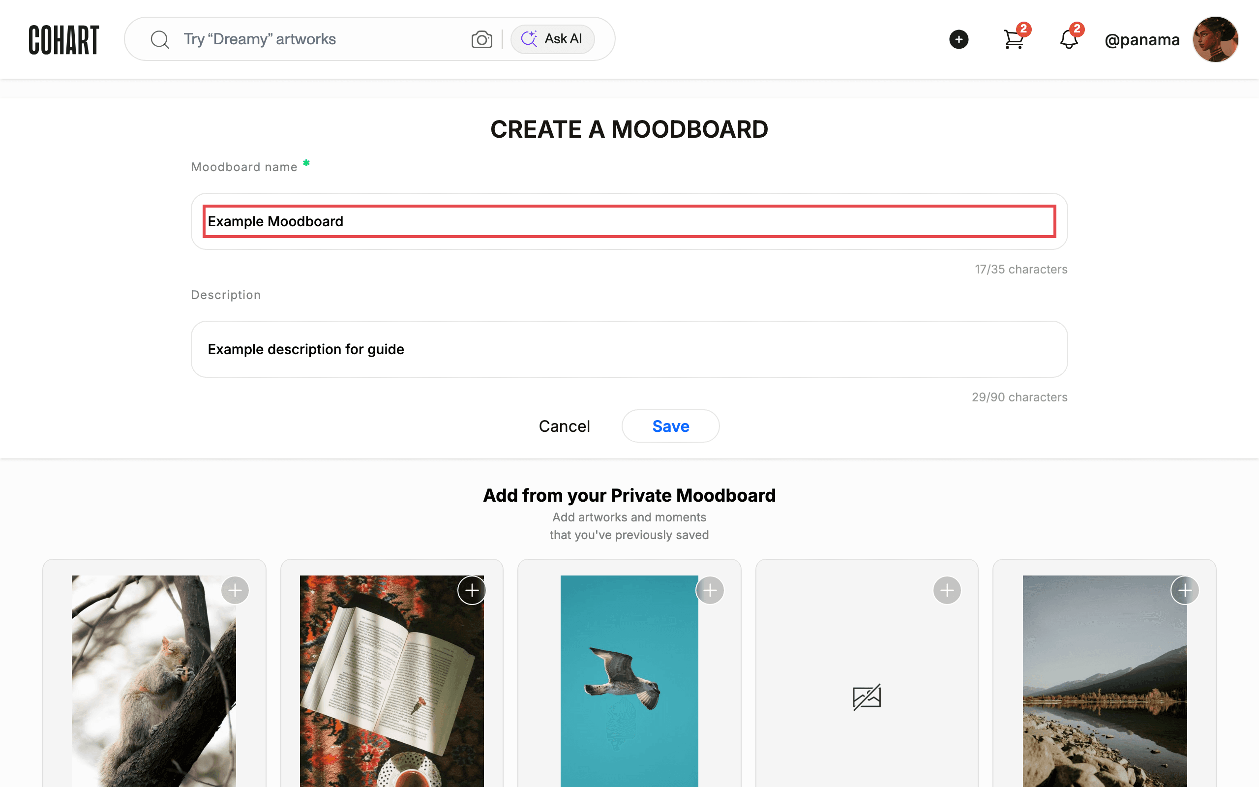 Enter a moodboard name and optional description