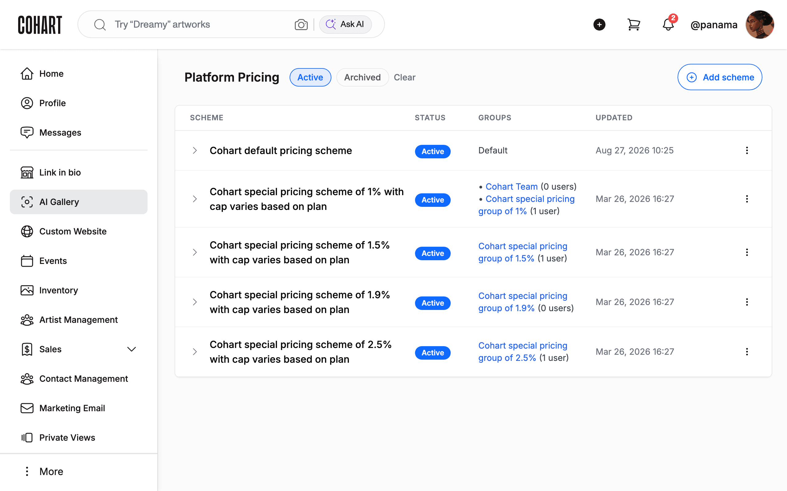 The Platform Pricing page with the scheme table