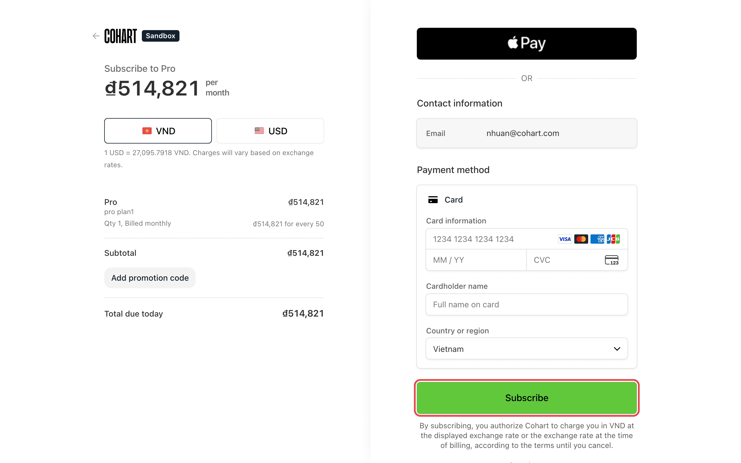 Stripe checkout with the Subscribe button highlighted