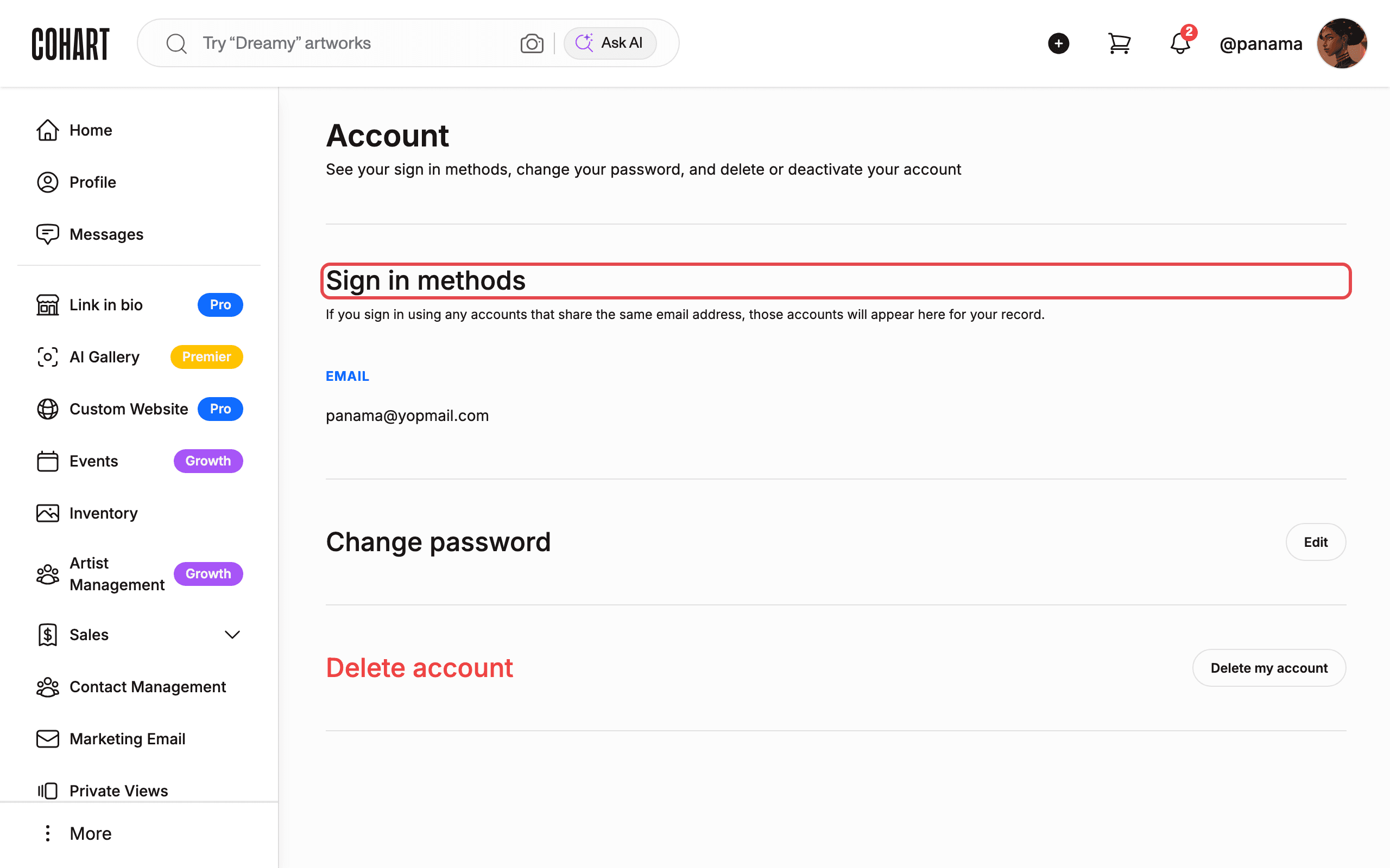 Account page with the Sign in methods section highlighted