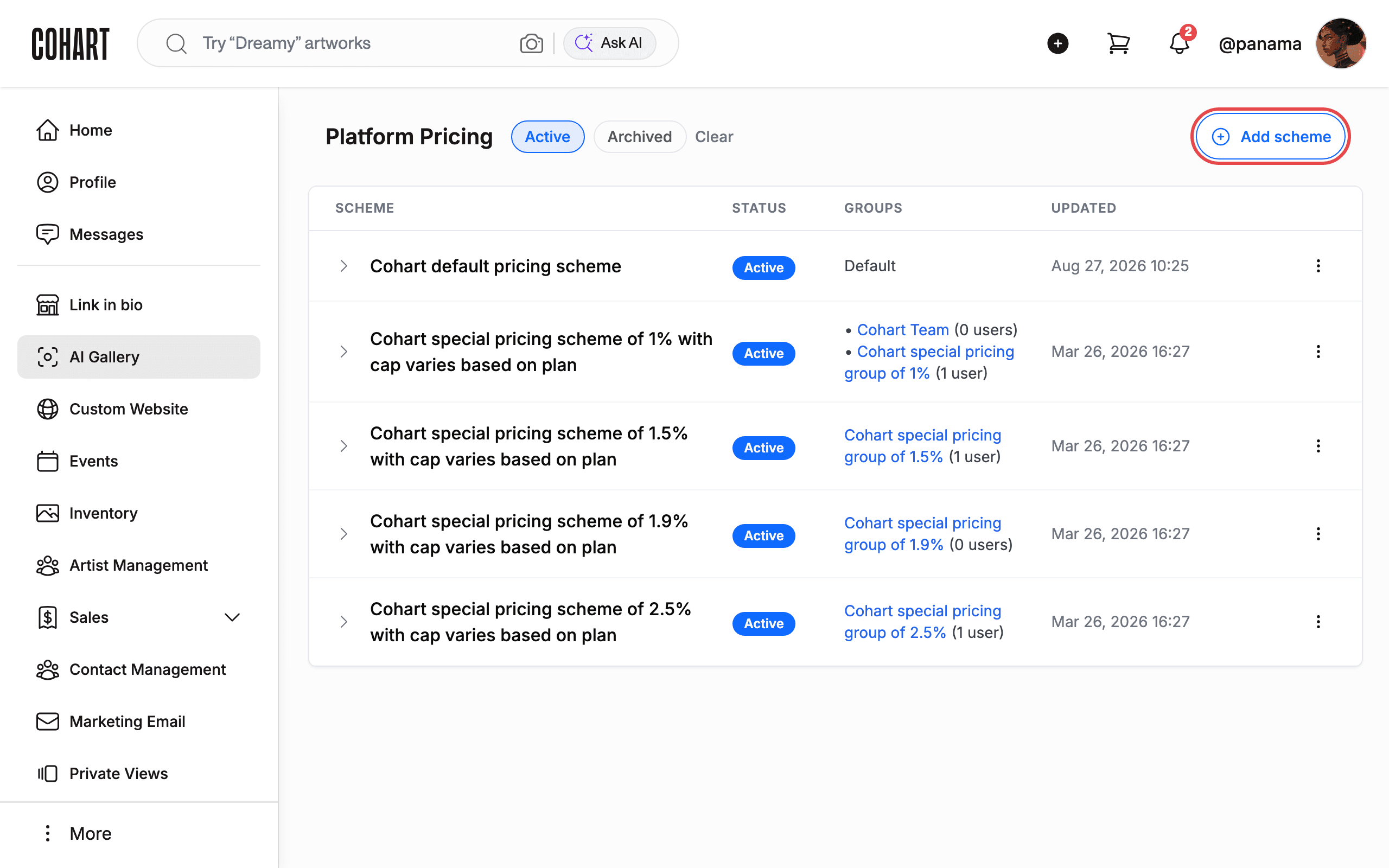 Active pricing schemes and the Add scheme button