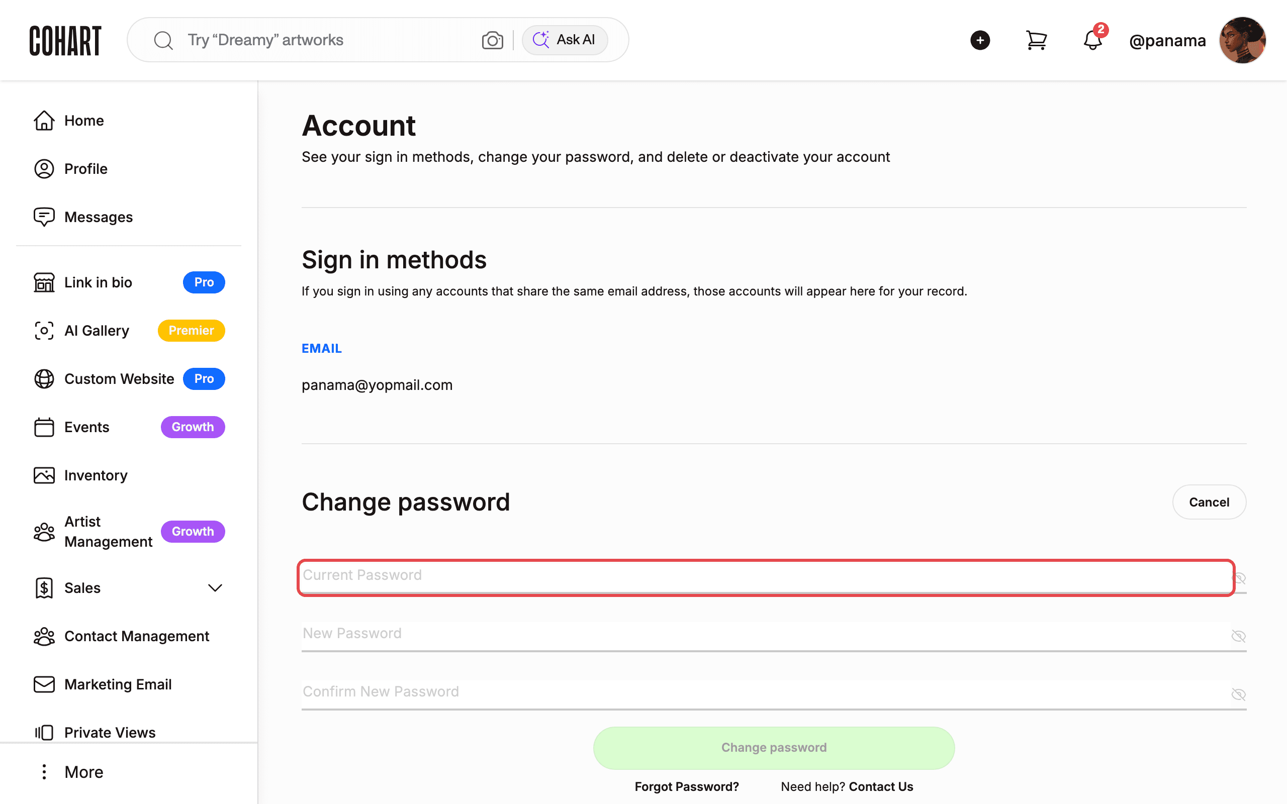 Change password form with the Current Password field highlighted