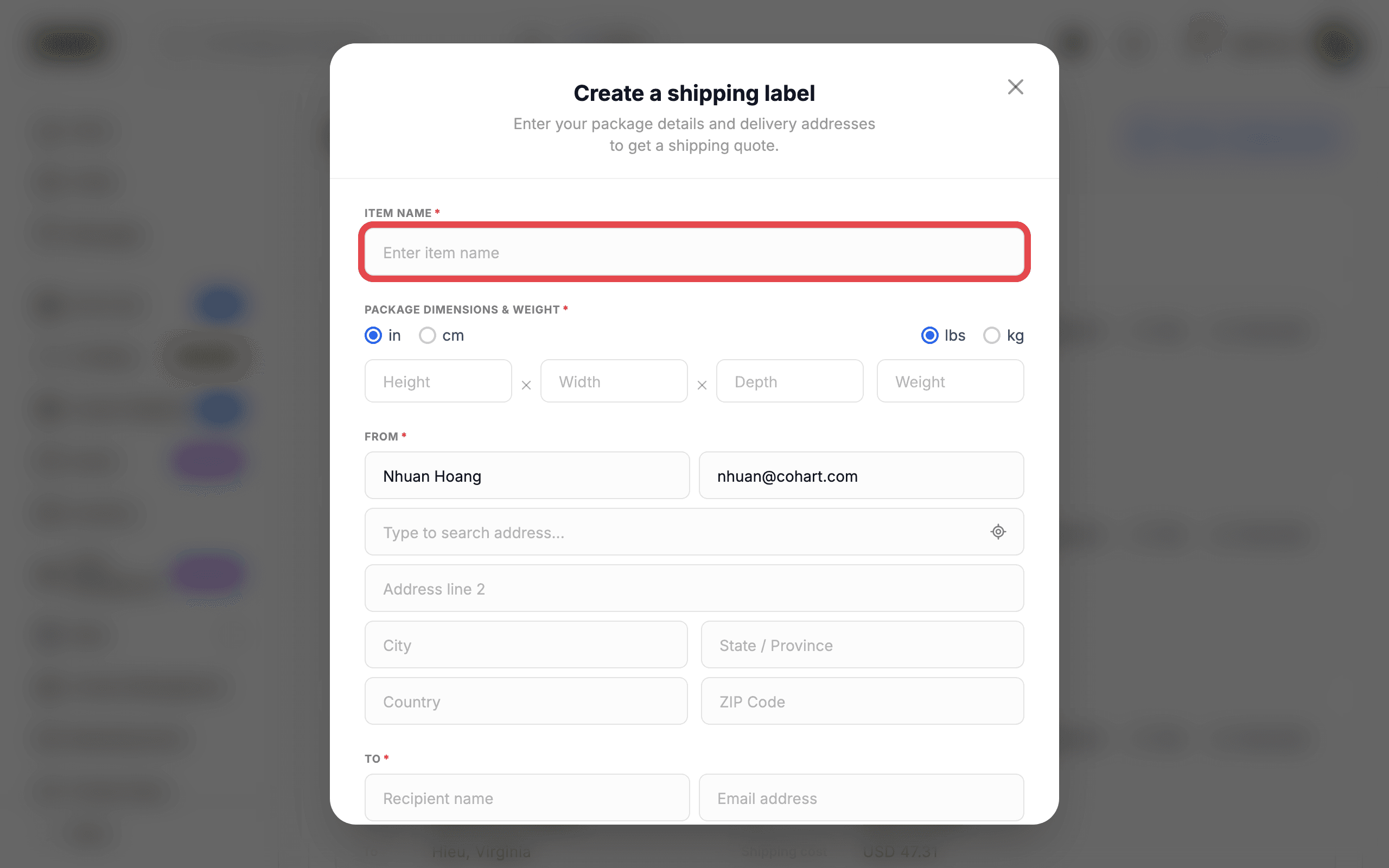 The create form with the item name field highlighted