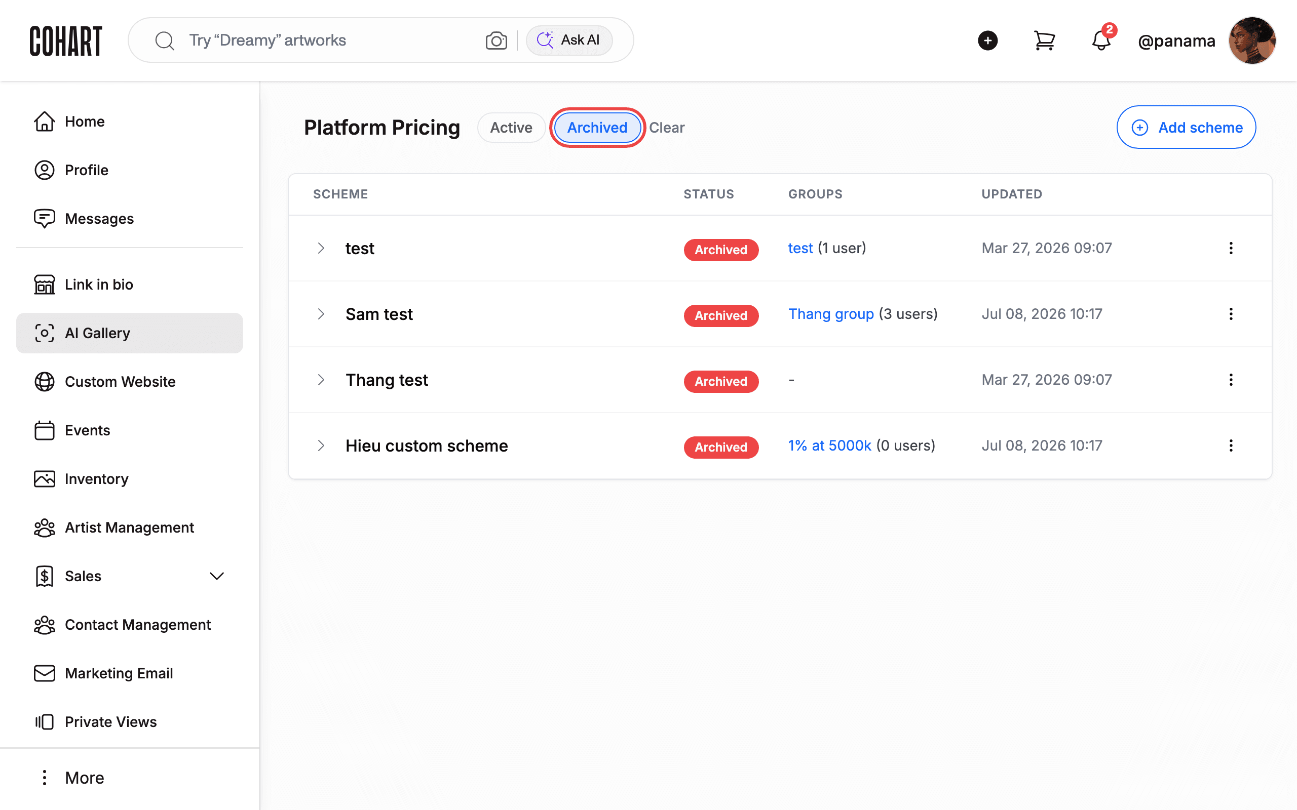 Archived pricing schemes