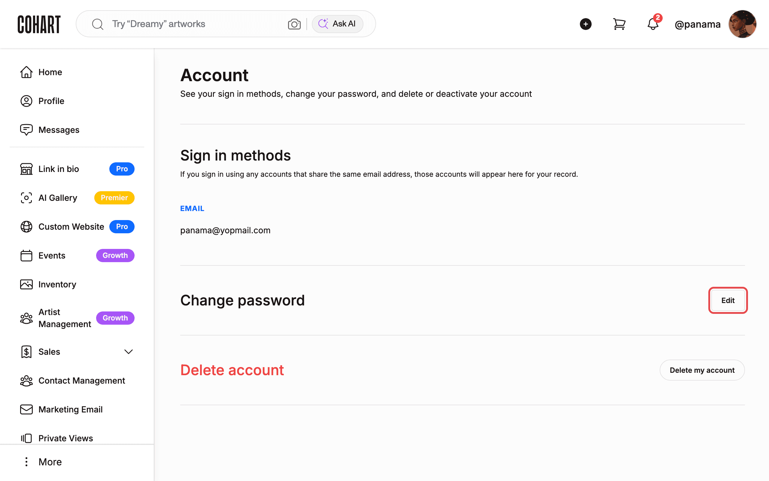 Account page with the Edit button highlighted