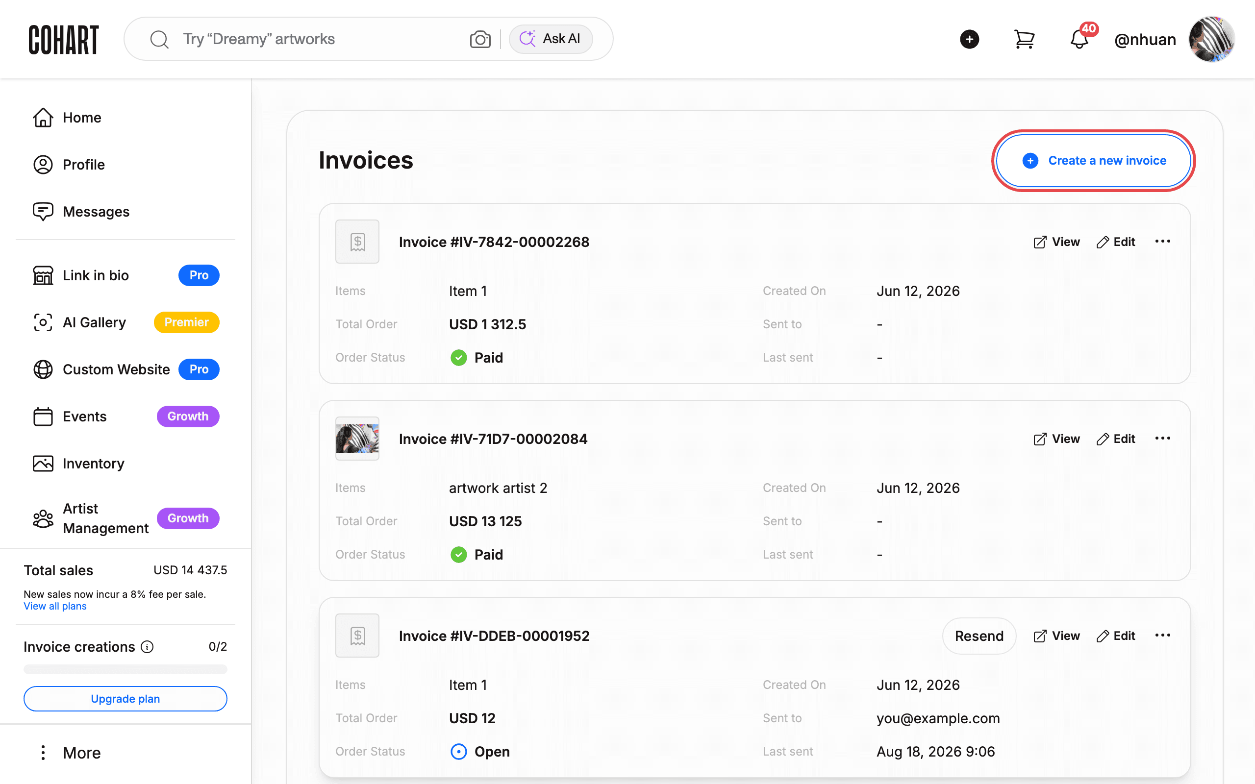 Invoices list