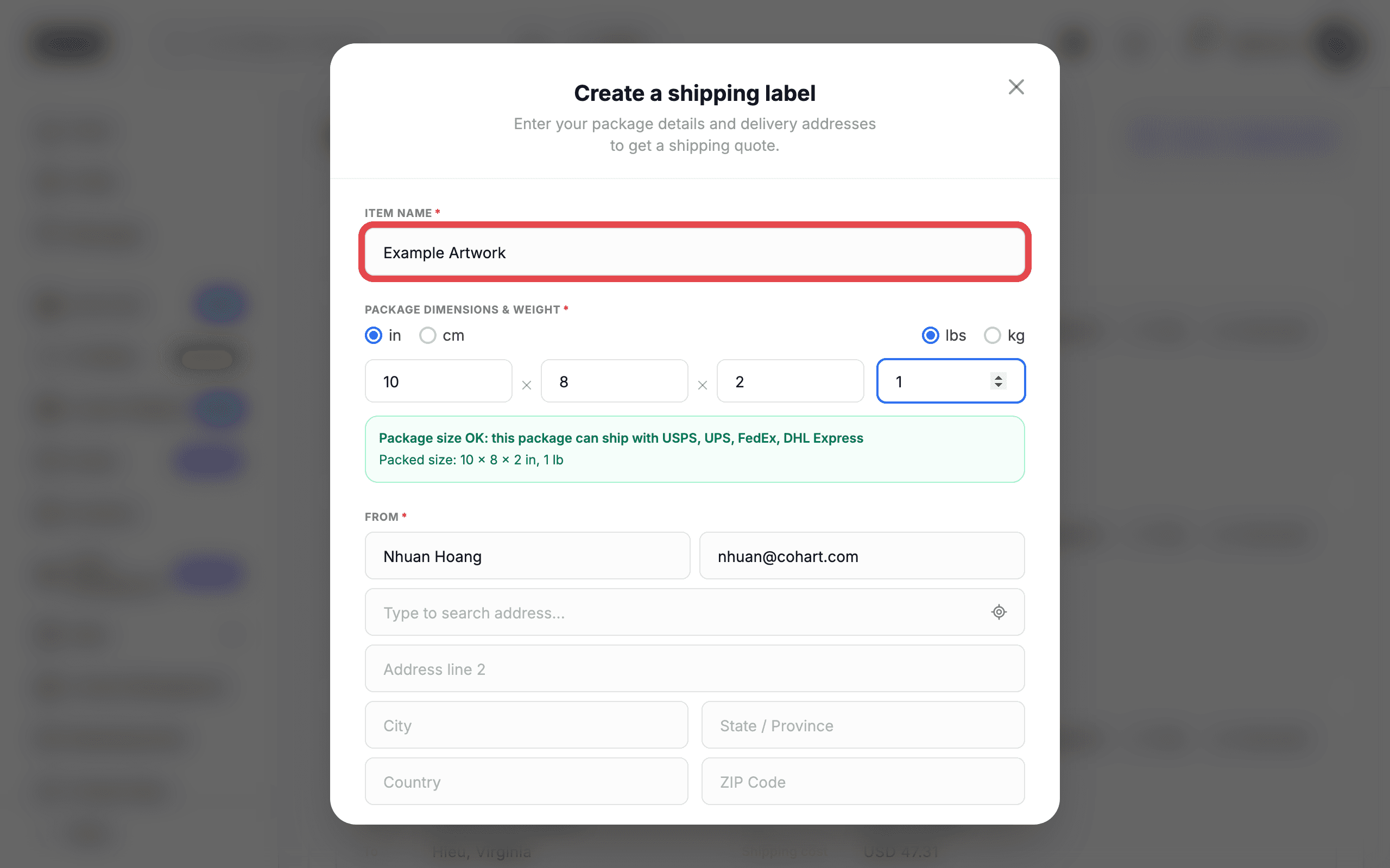 The form with item name and package size filled in and the validation message visible