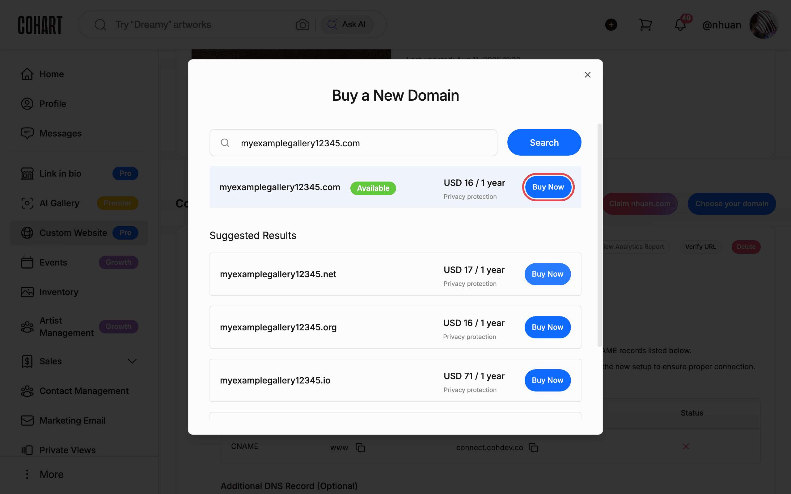 Search for an available domain and review prices