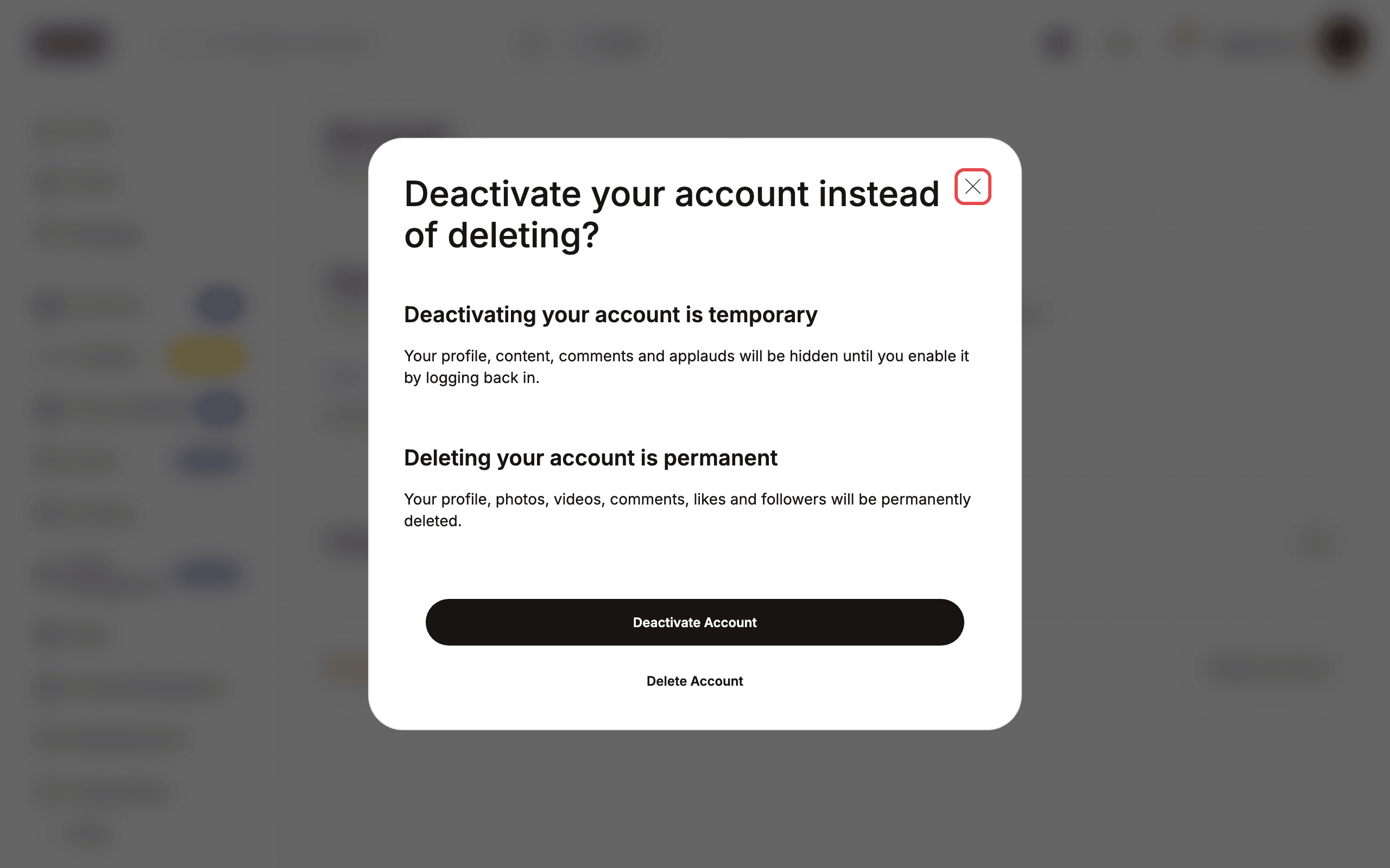 Deactivate-or-delete dialog with the close button highlighted
