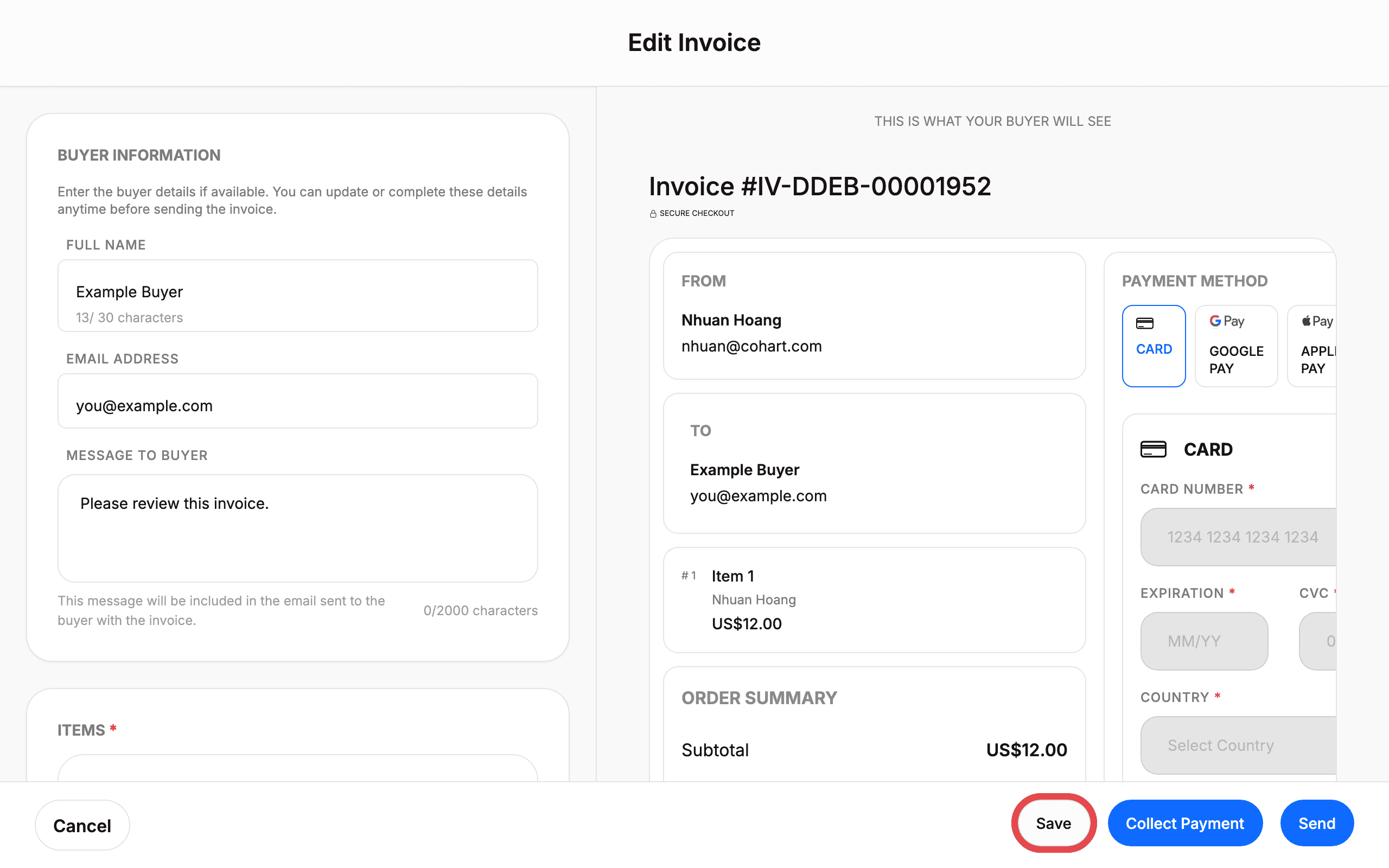 The Edit Invoice page with the Save button highlighted