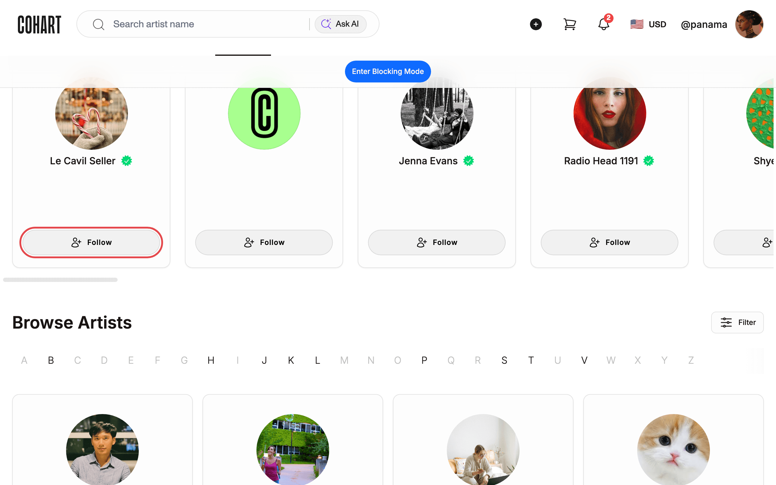 Find the Follow button on an artist card