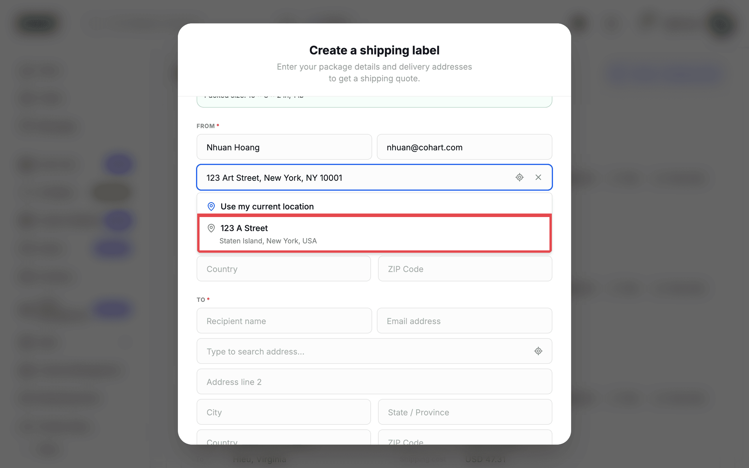 The address search with a suggestion highlighted
