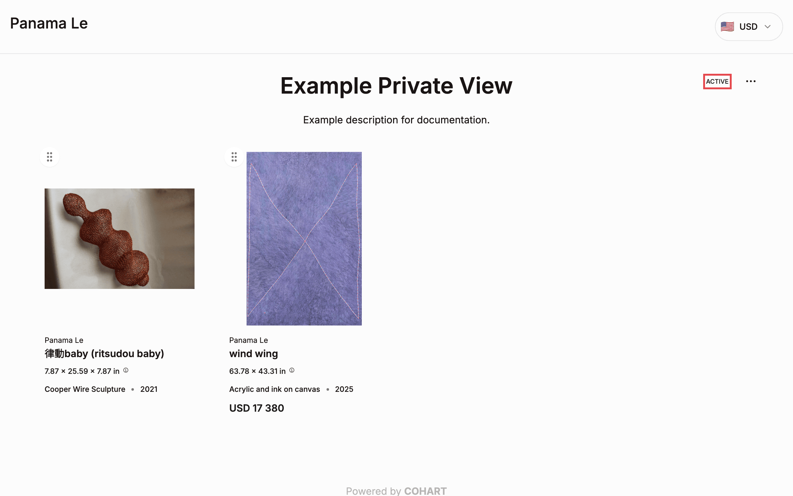 The published Example Private View page with the ACTIVE badge highlighted
