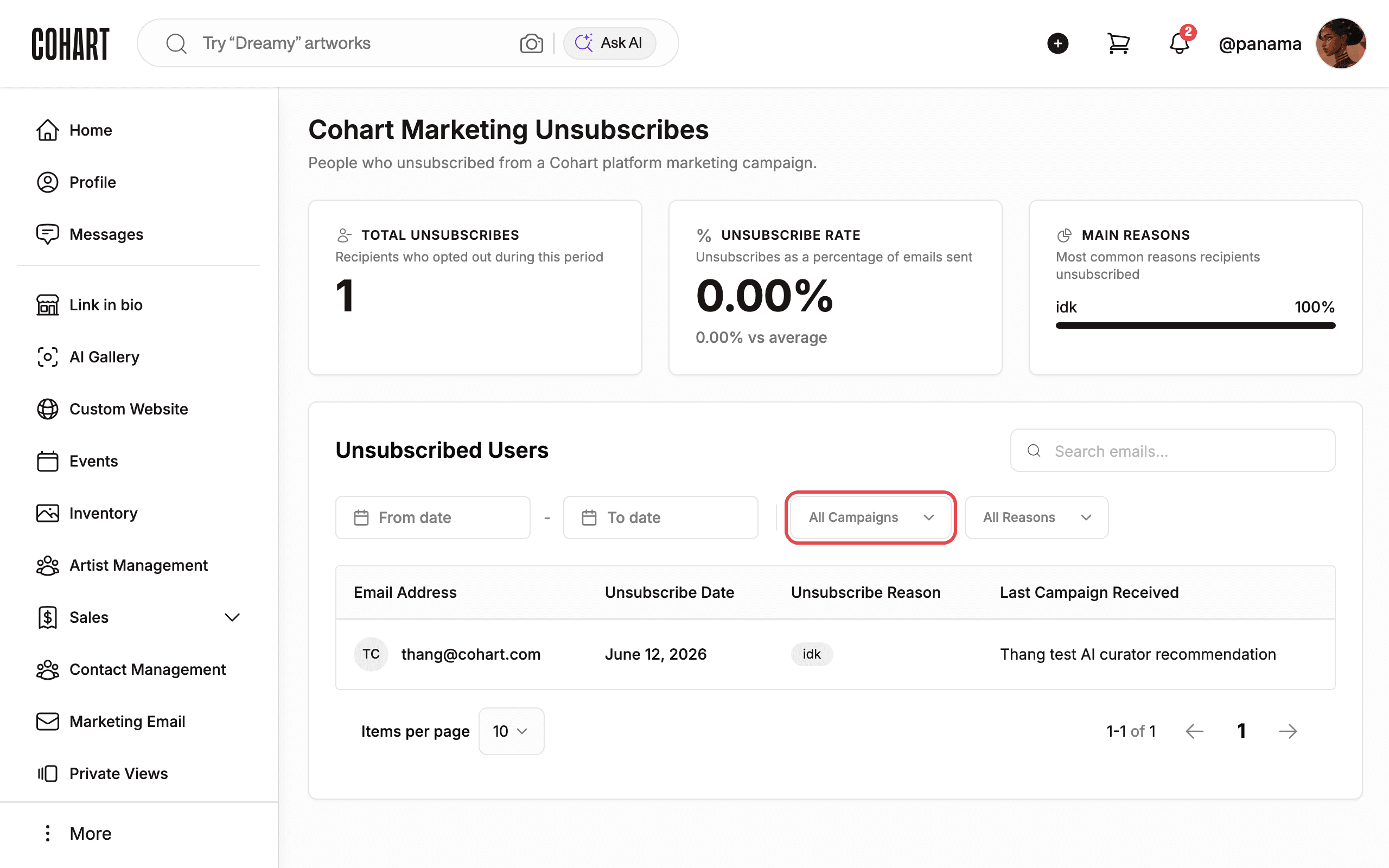 Review unsubscribes with filters