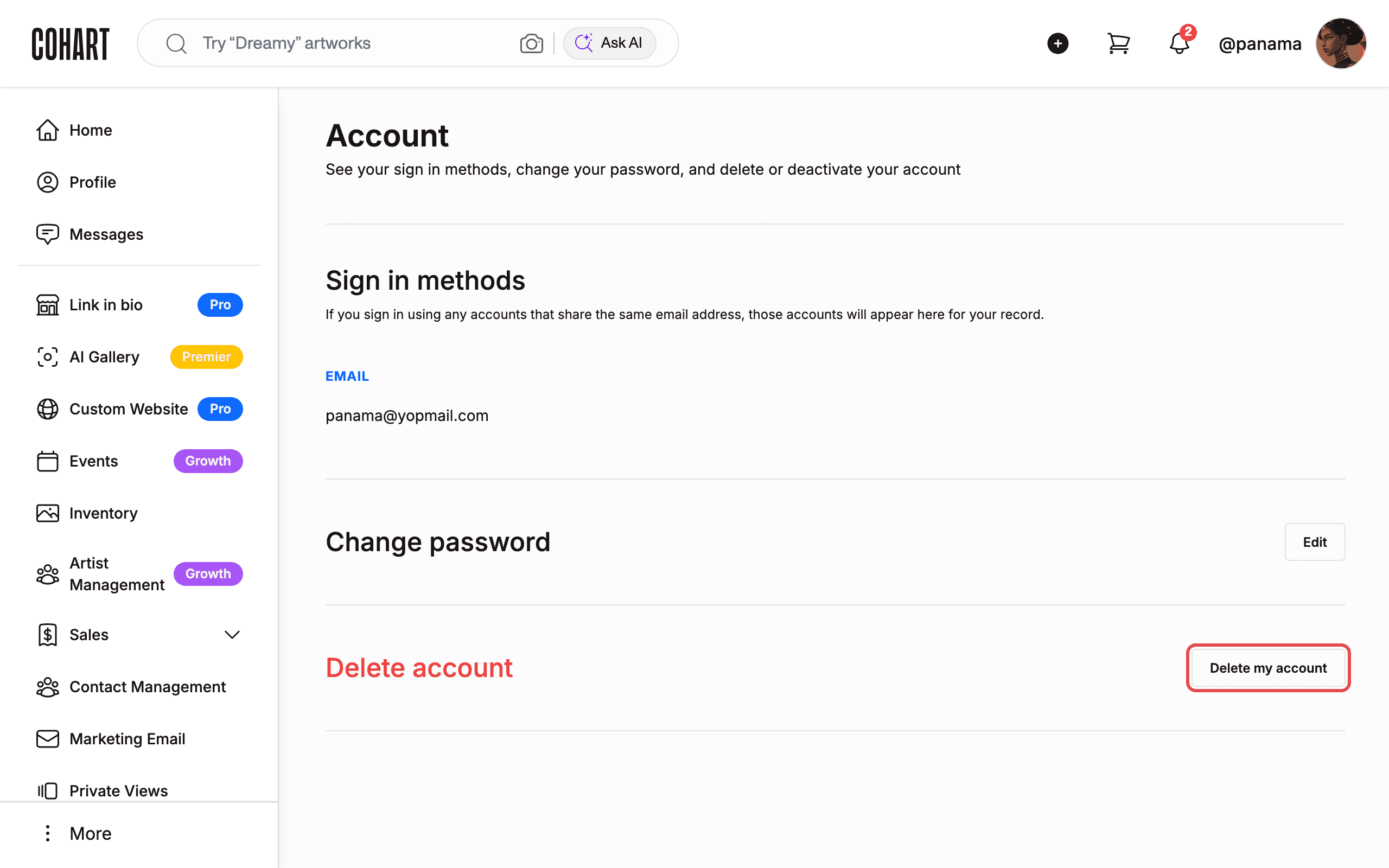 Account page after closing the dialog