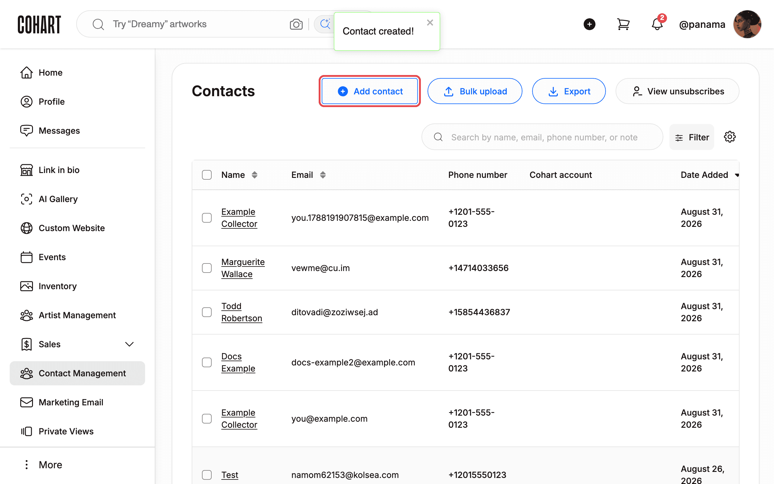 Contact created confirmation