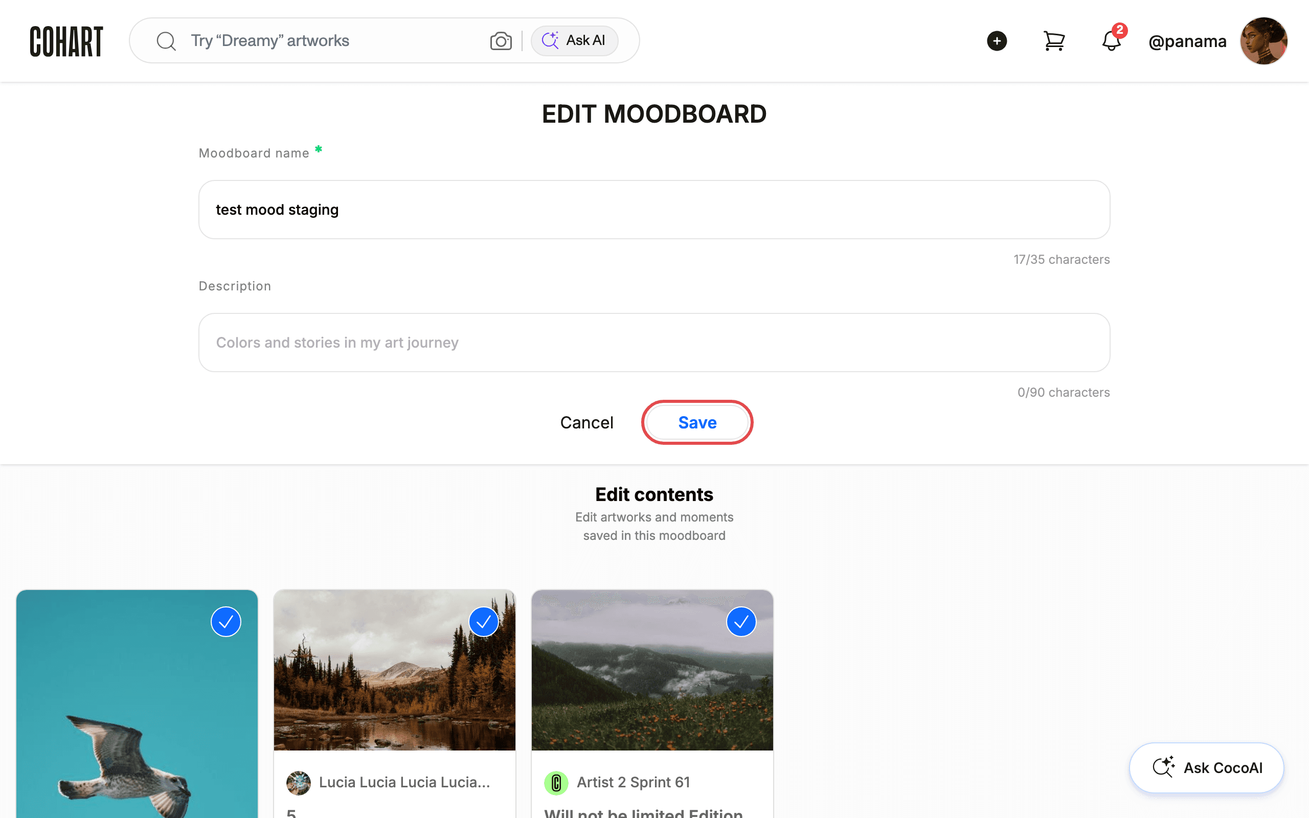 Edit the name, description, and contents, then Save or Cancel