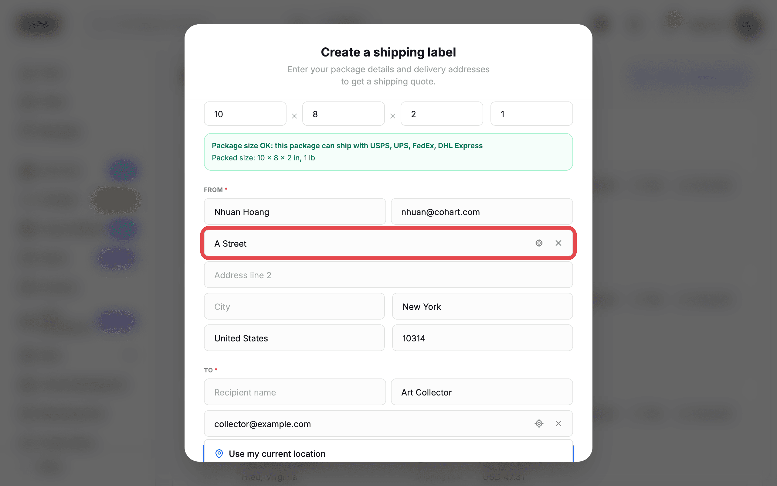 The form with the sender address selected and recipient details filled in